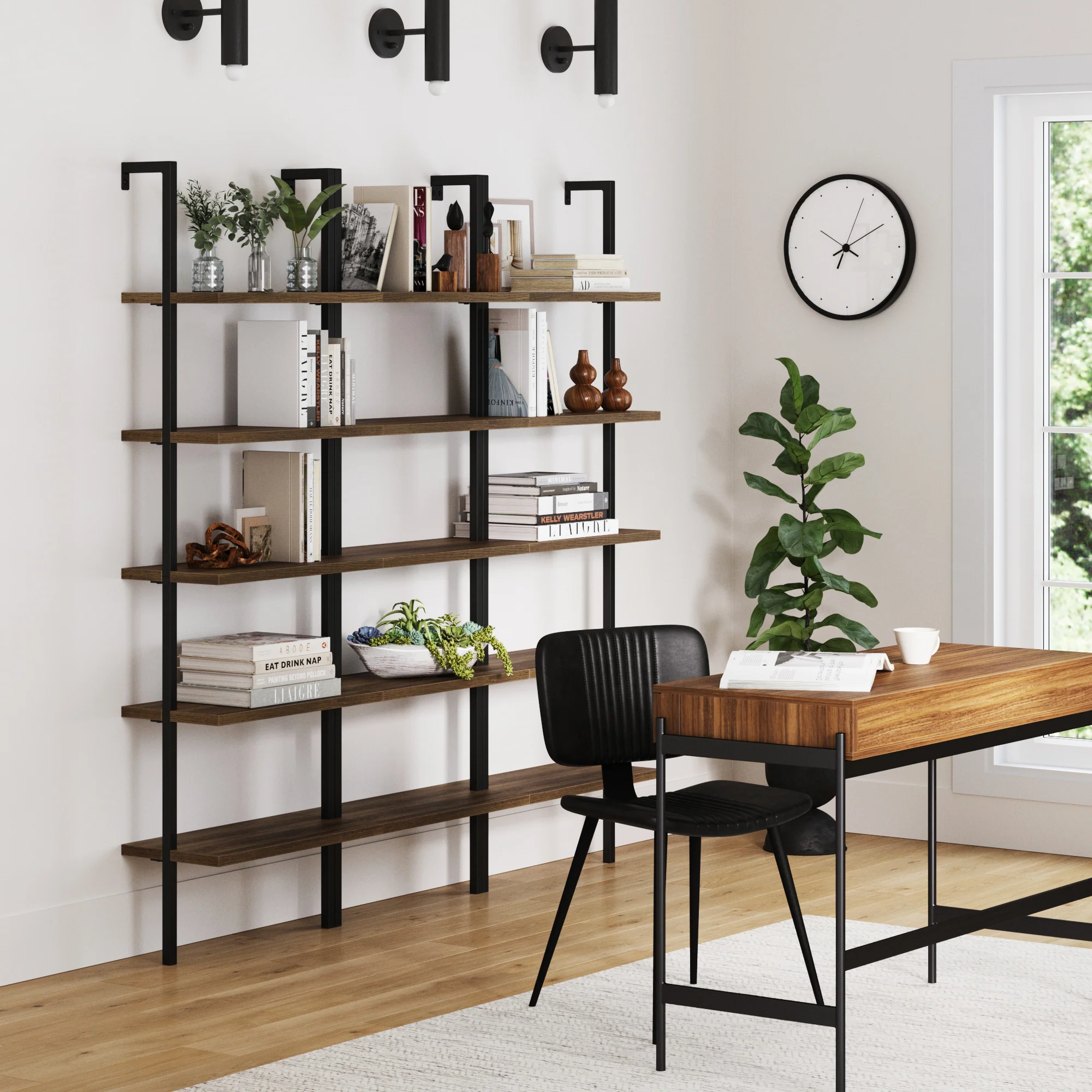 5-Shelf Ladder Bookshelf Oak Matte Black (Set of 3) - Image 2