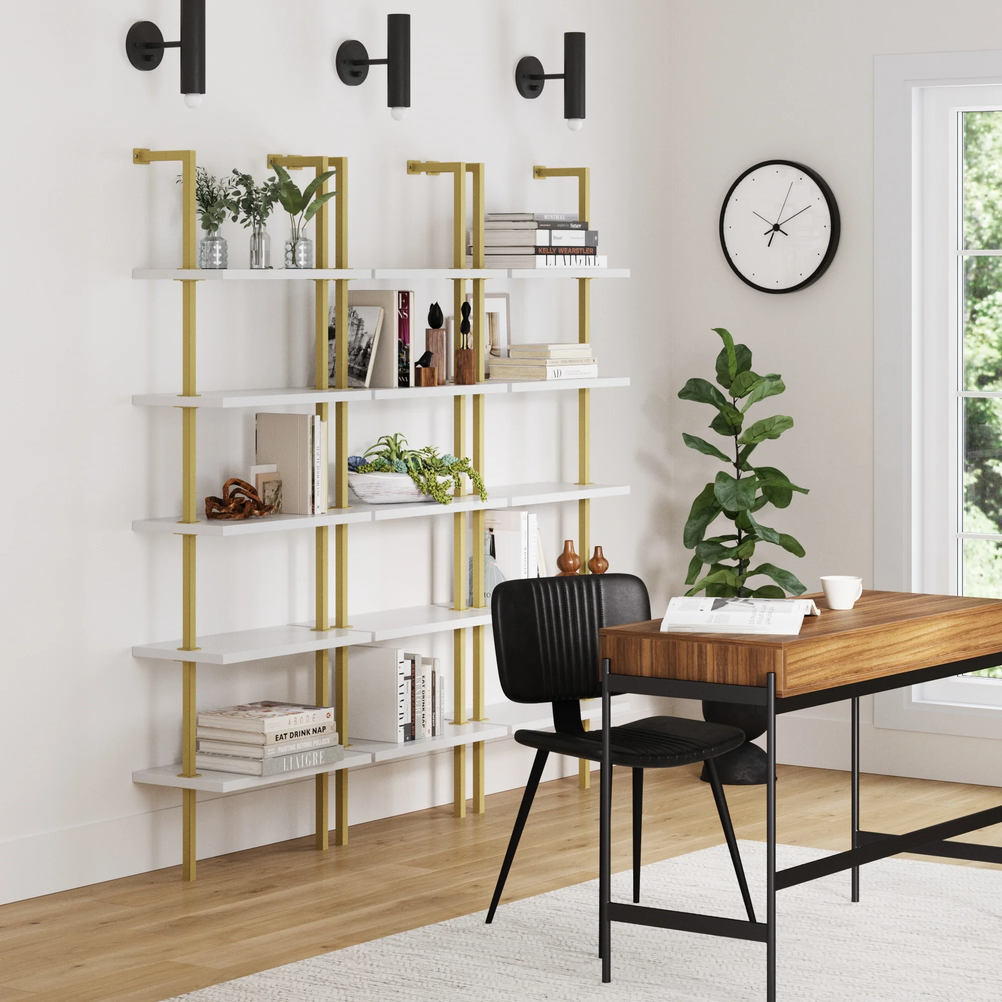 5-Shelf Ladder Wall Bookshelves White Gold (Set of 3) - Image 2