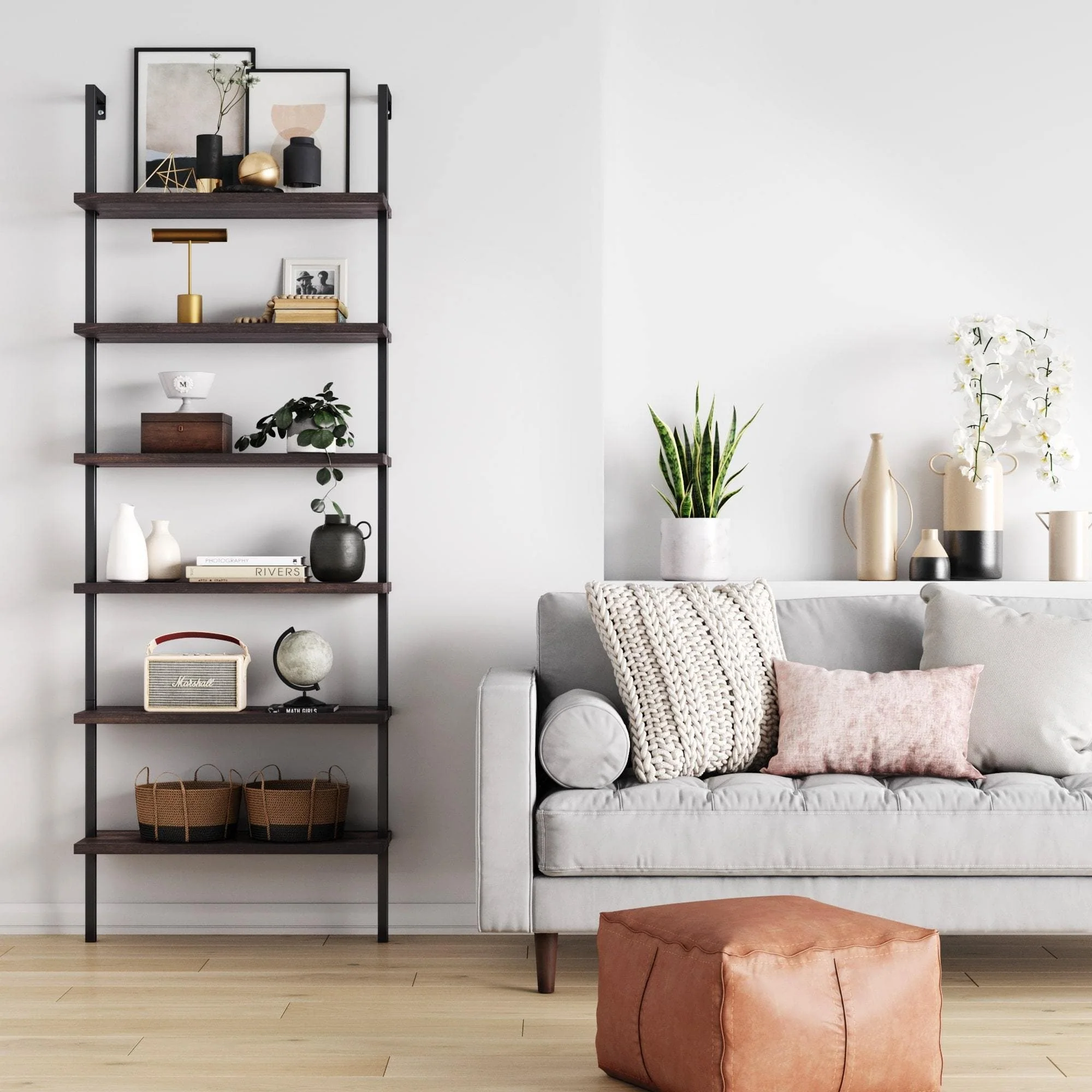 6-Shelf Ladder Bookshelf Nutmeg Matte Black - Image 2