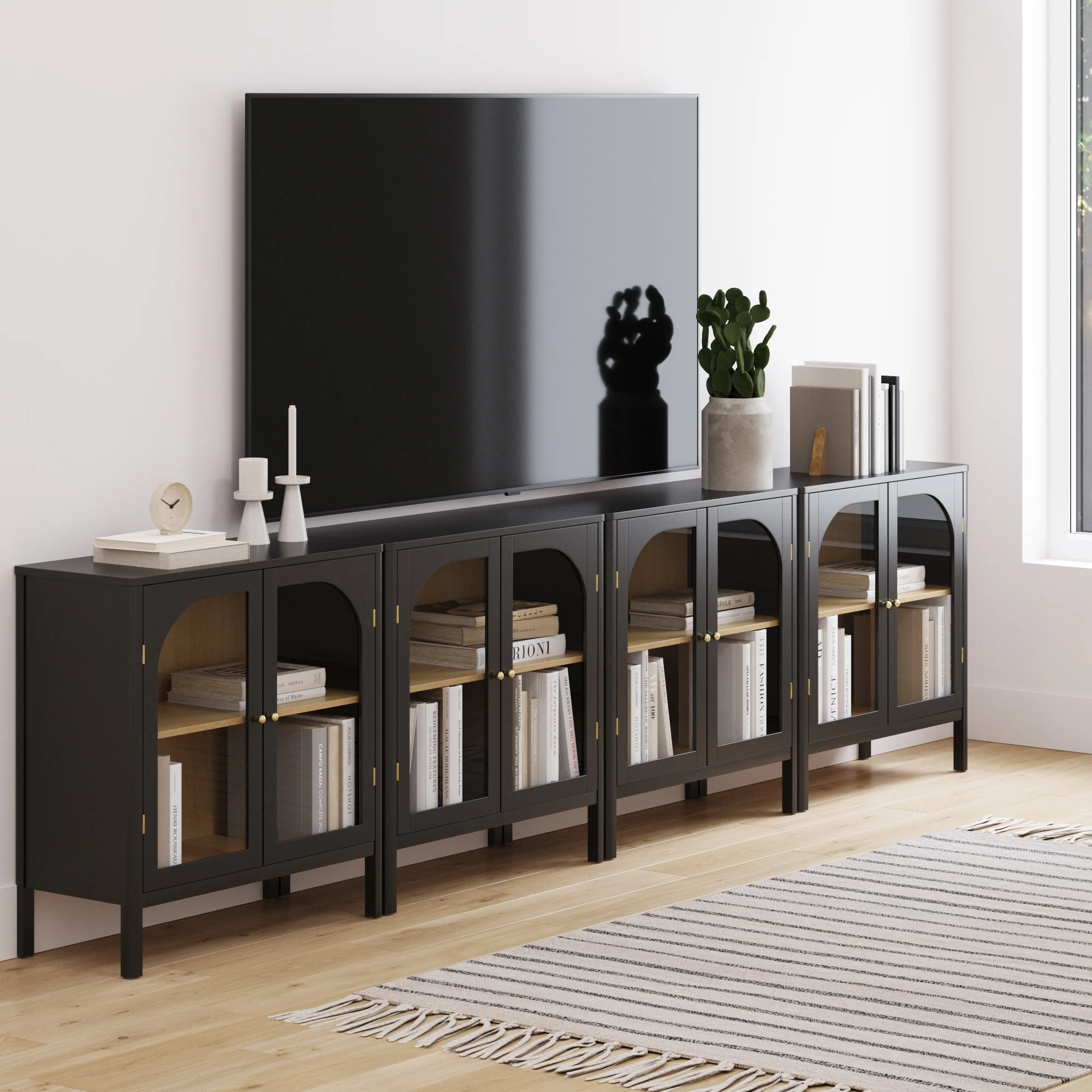 Large Glass Door Curio Cabinet Credenza Black (Set of 4) - Image 2