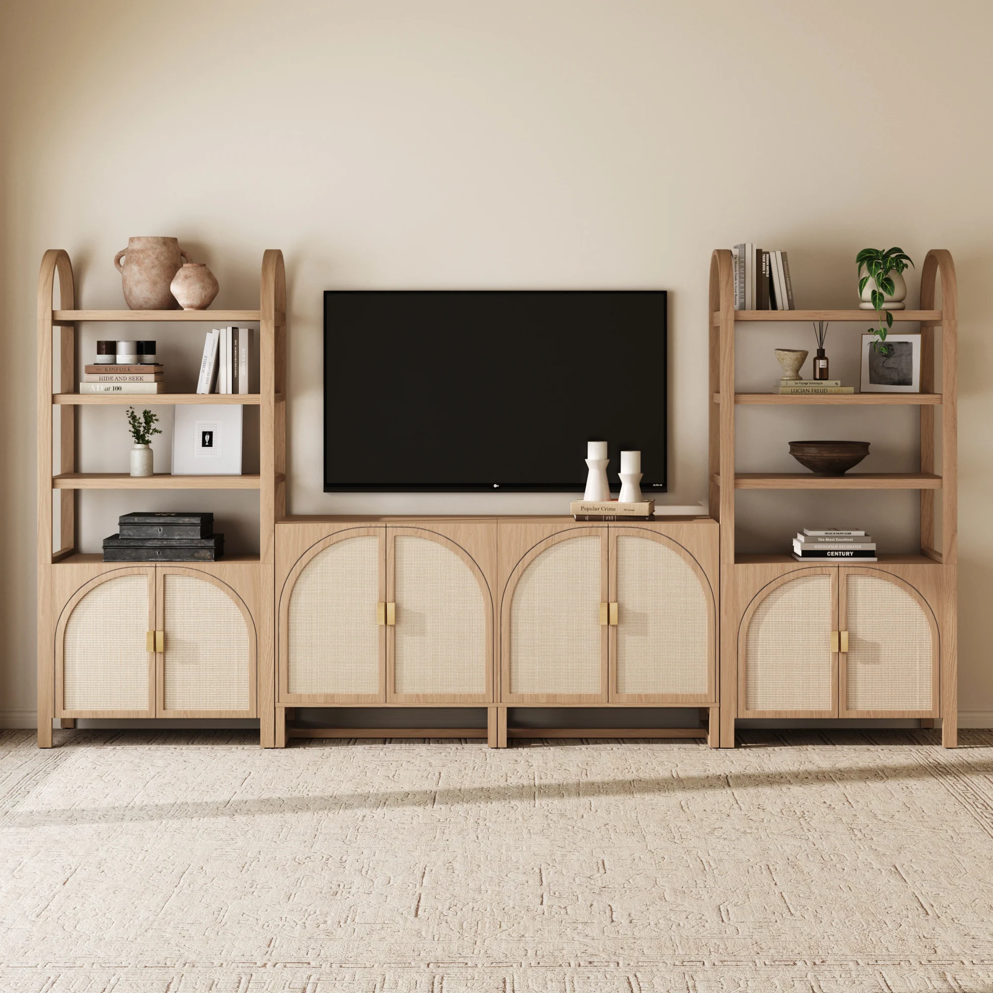 Arched Rattan Entertainment Center Wall Unit with Bookshelves (65" TV)