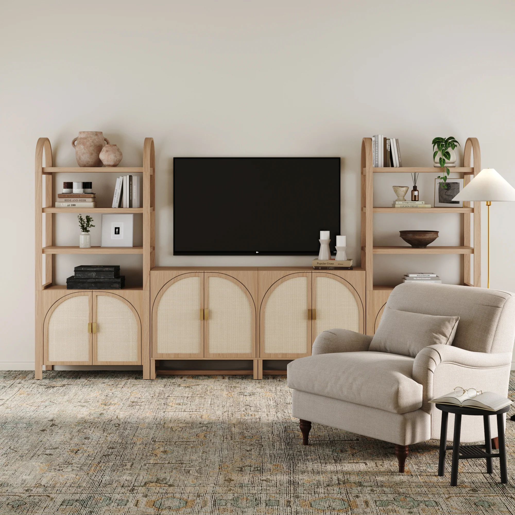 Arched Rattan Entertainment Center Wall Unit with Bookshelves (65" TV) - Image 2