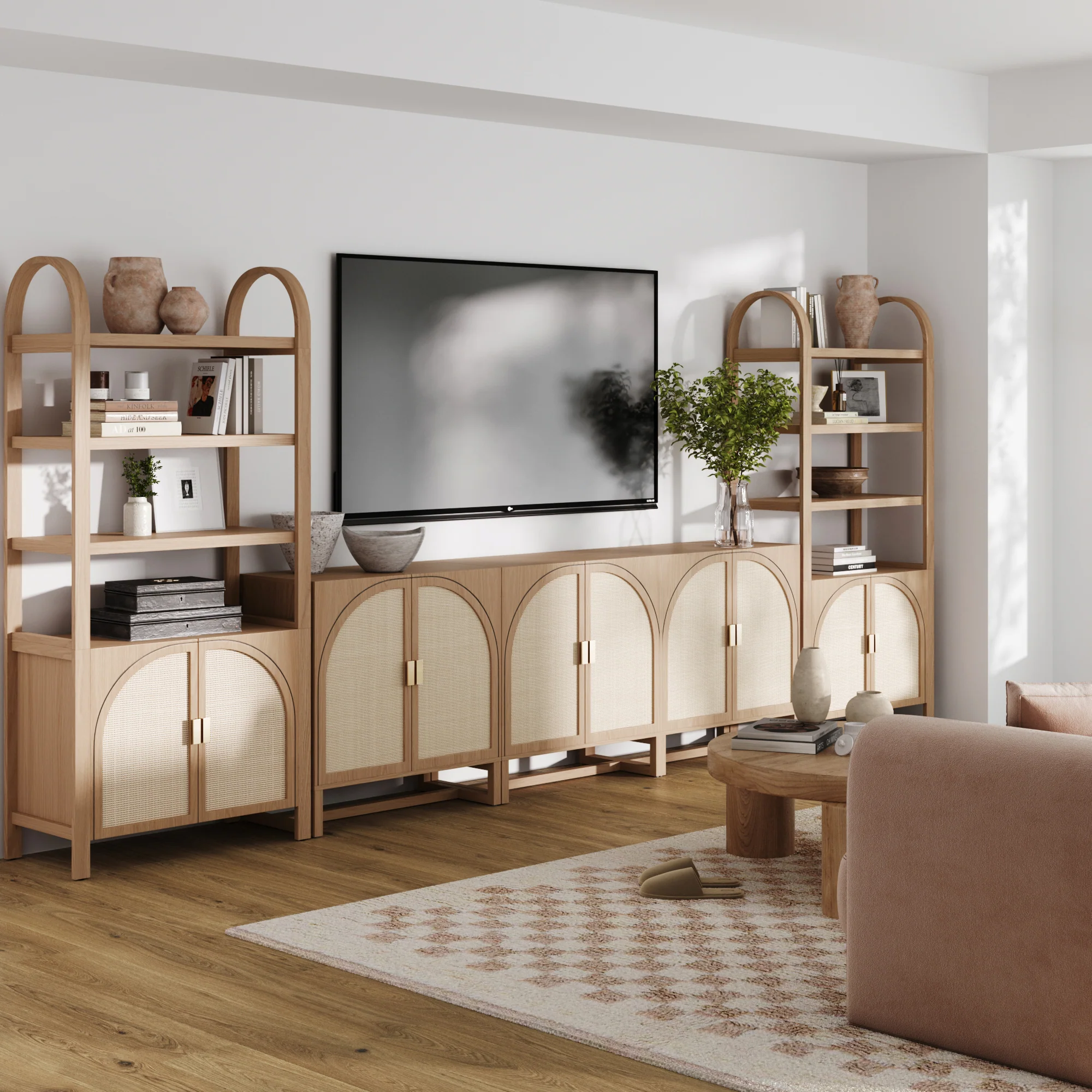 Arched Rattan Entertainment Center Wall Unit with Bookshelves (75" TV) - Image 2