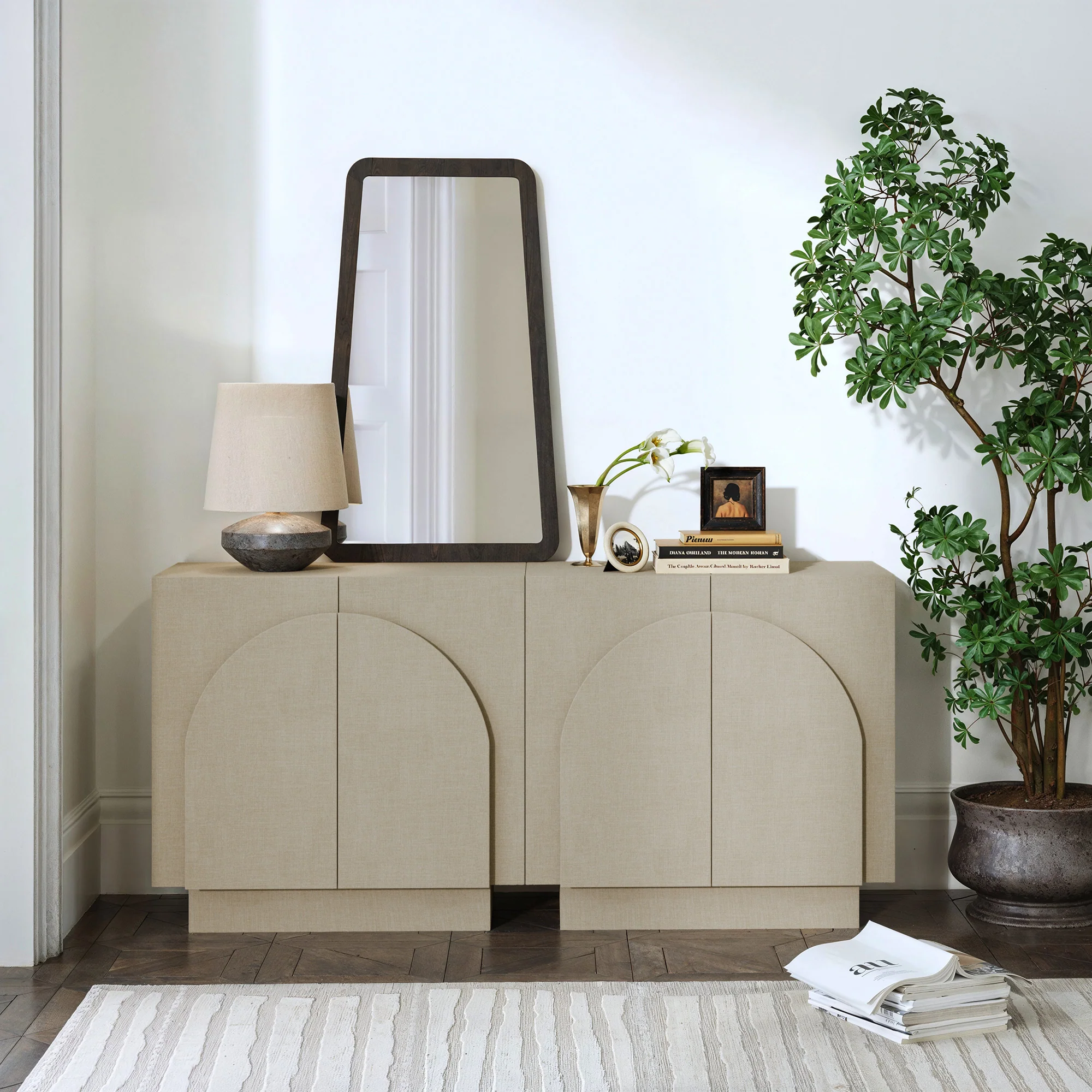 Arched TV Console Cabinet for TVs 55-65" Beige Linen - Image 2