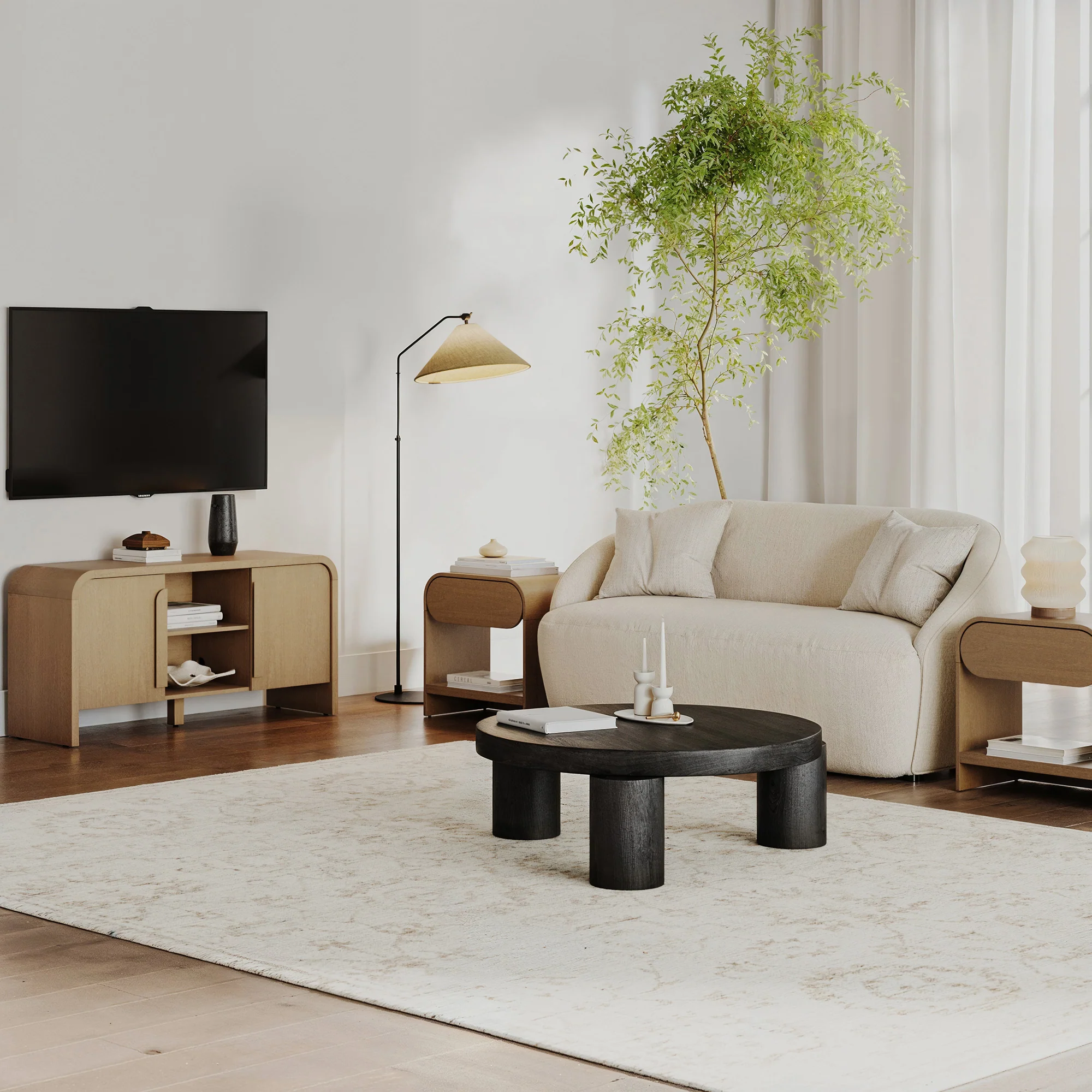 Arched TV Stand and 2 End Tables Living Room Set Light Brown - Image 2