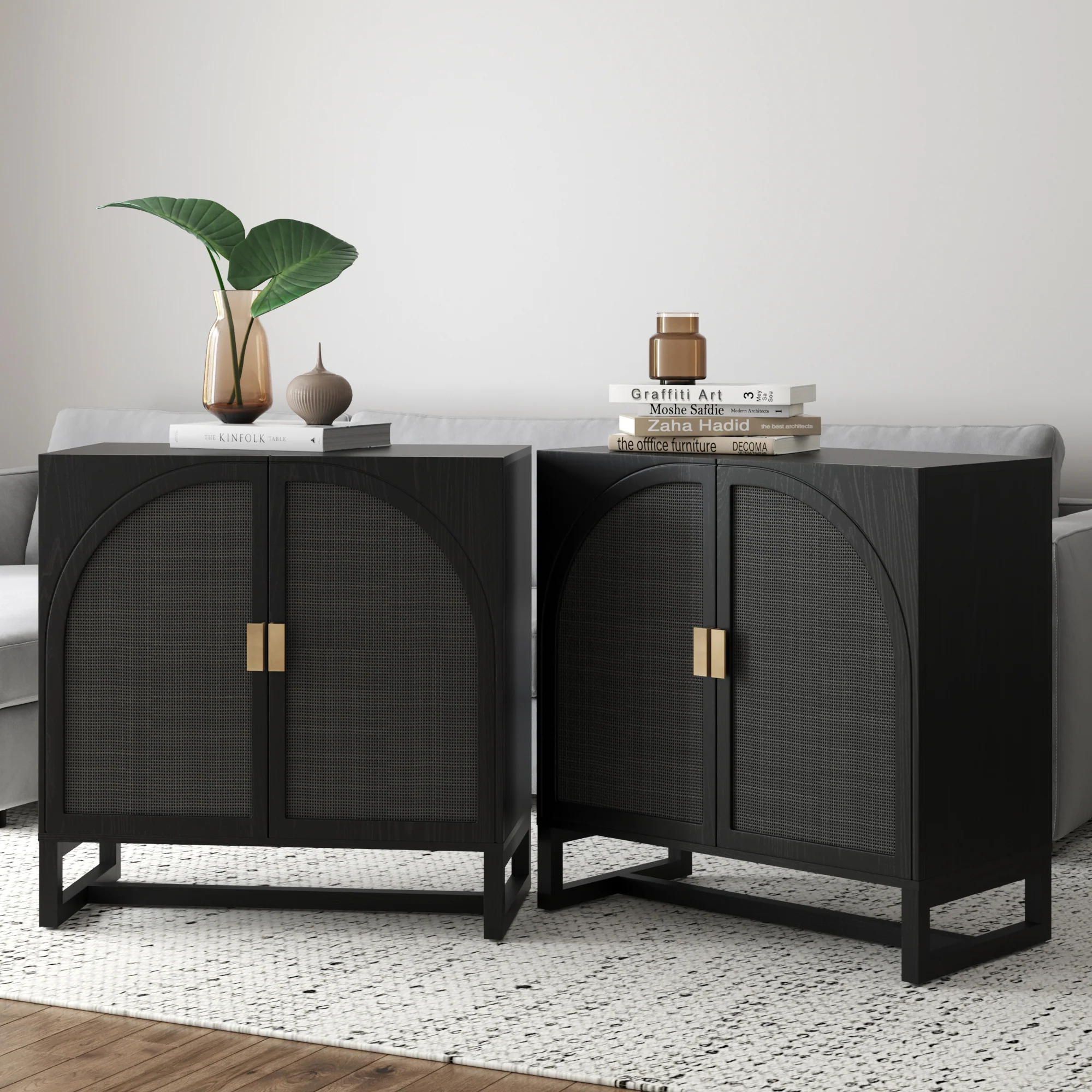 Arched Wooden Storage Credenza Black Rattan (Set of 2) - Image 2