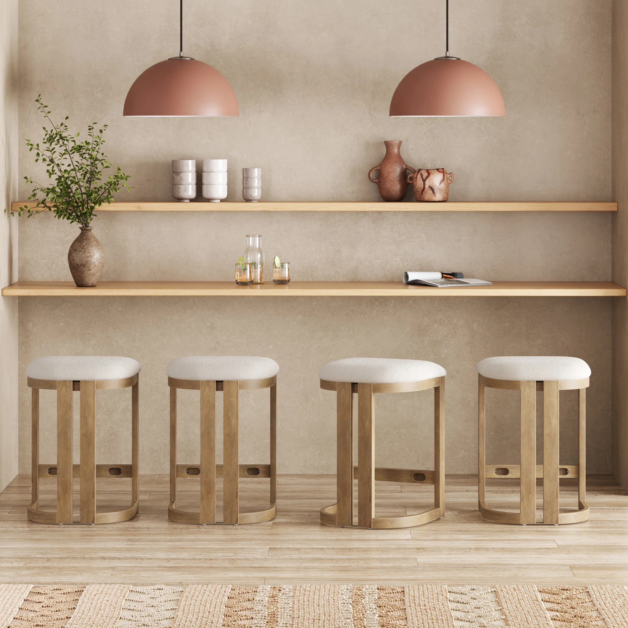 Barrel Wooden Backless Bar Stool Light Brown Set of 4