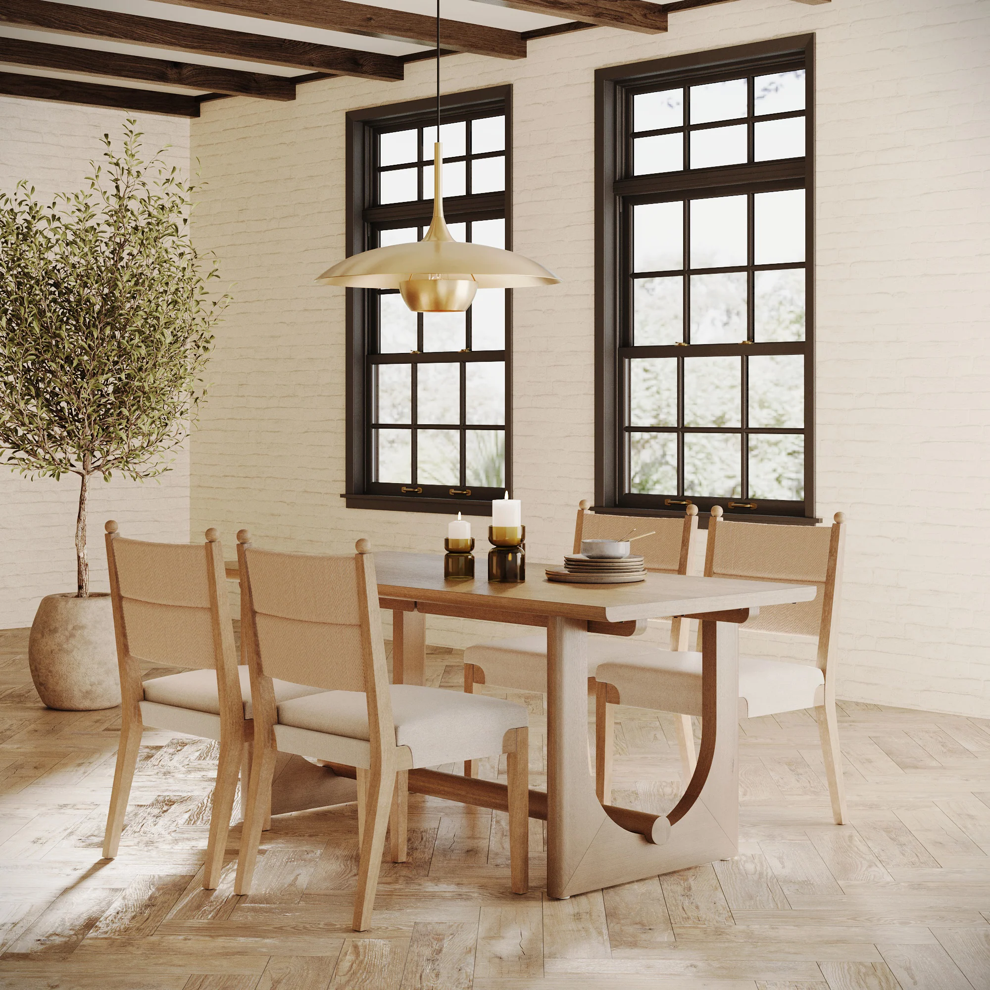 Mid-Century Seagrass Dining Table Set (4 Chairs)