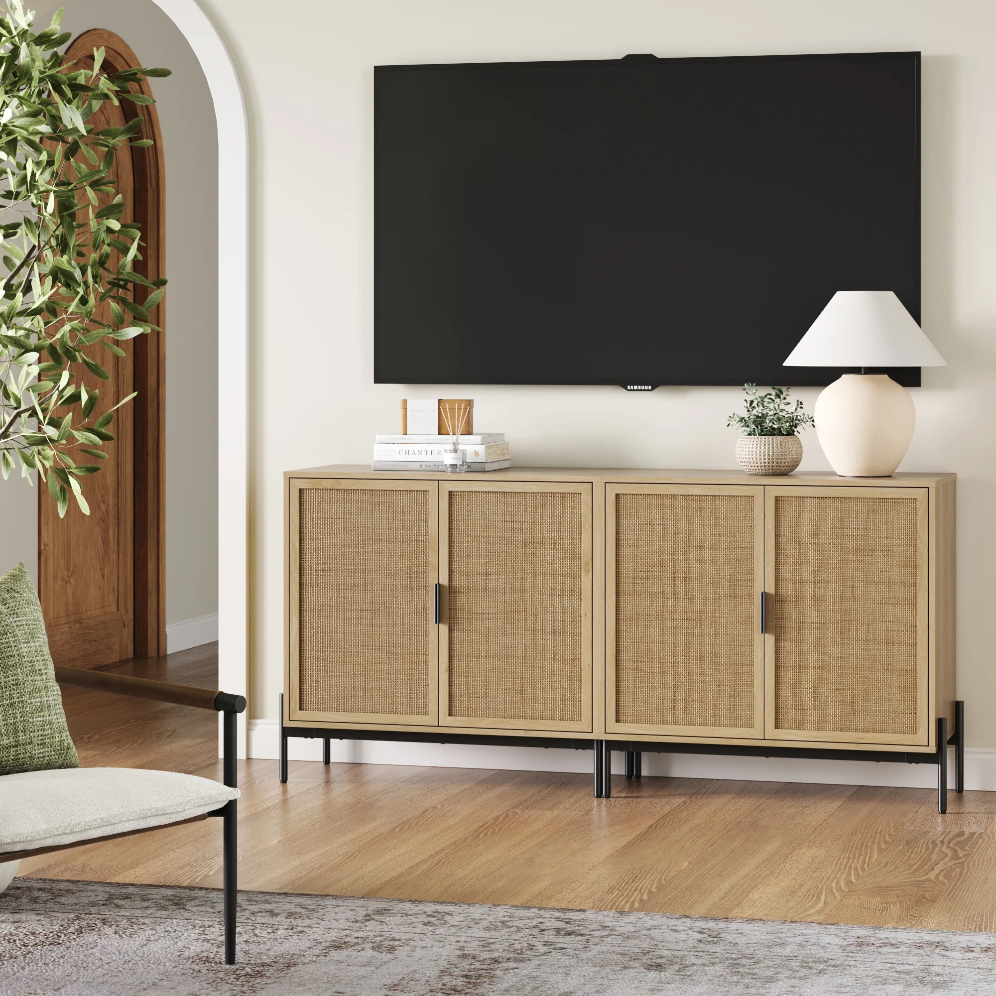 Boho Rattan TV Console for TVs 55-65" with Metal Legs Light Oak