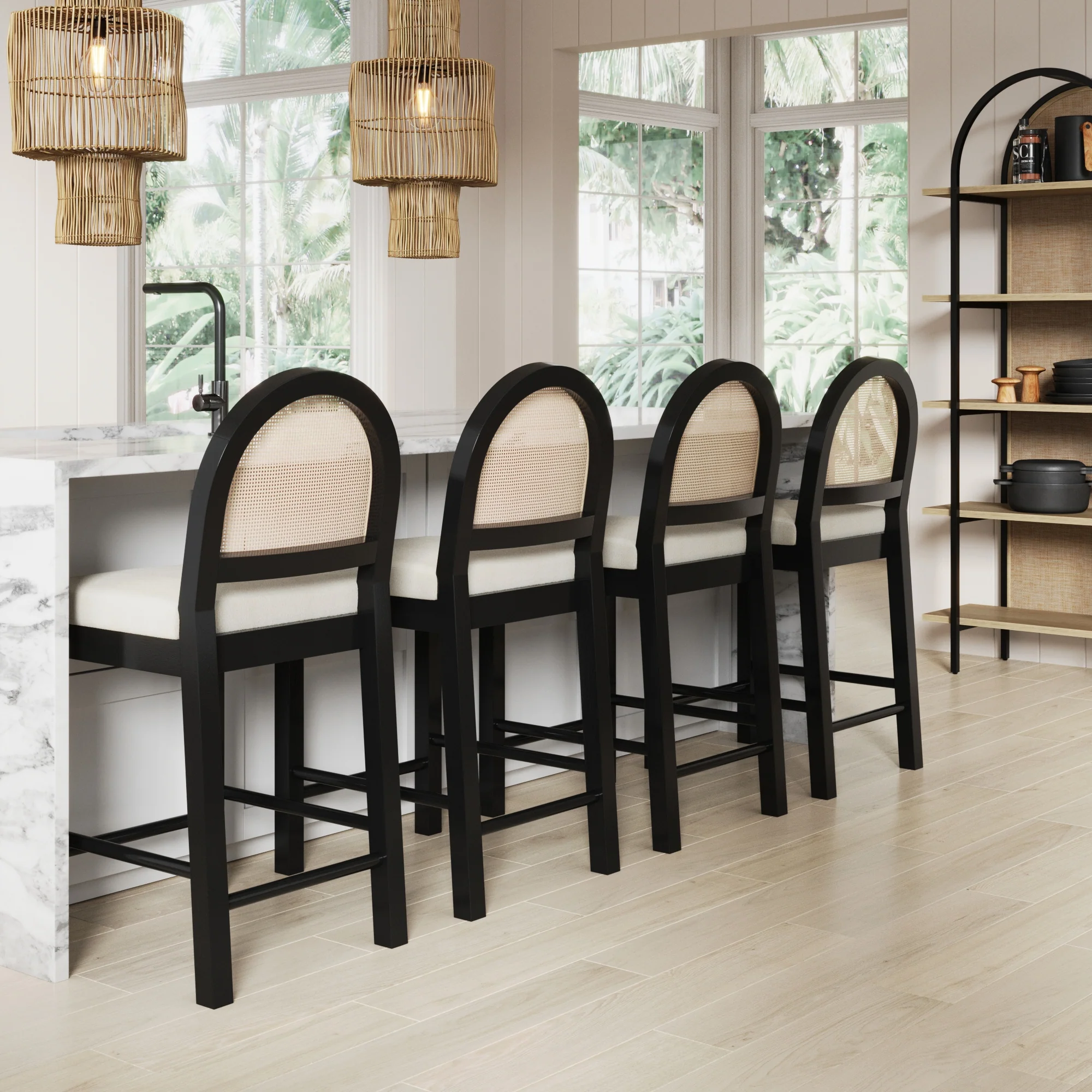 Boucle & Rattan Counter Height Bar Stools Black (Set of 4) - Image 2