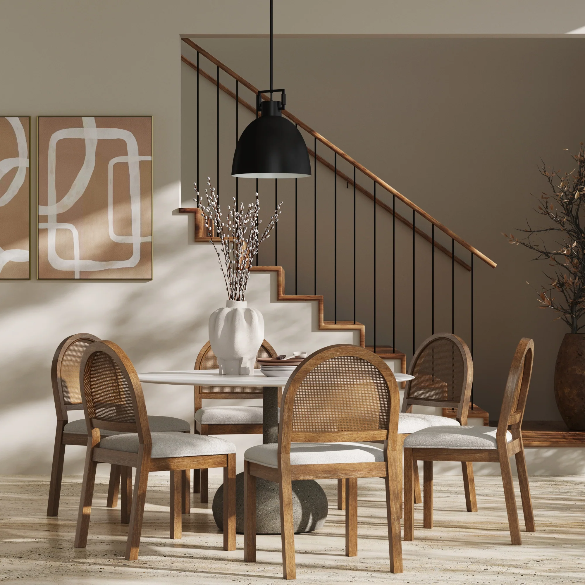Boucle & Rattan Dining Chairs Light Brown (Set of 6)