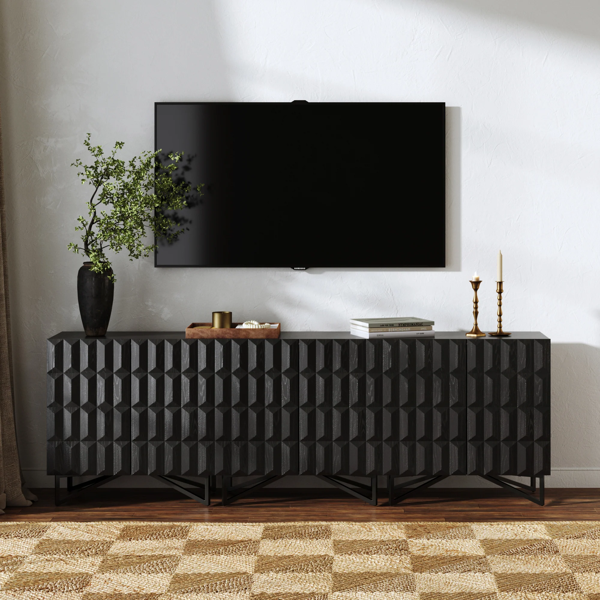 Modern TV Console with Textured Front for 75-85" TVs  Black Oak