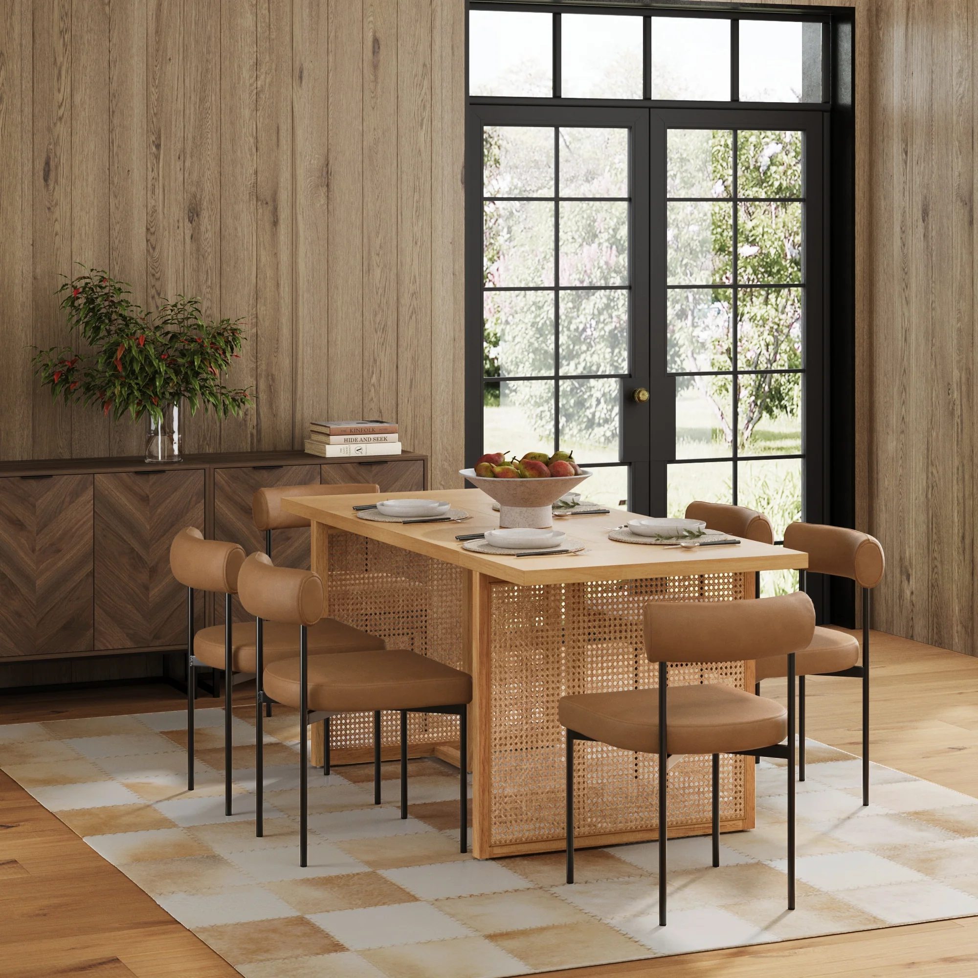 Mid-Century Faux Leather Dining Set (6 Chairs) - Image 2
