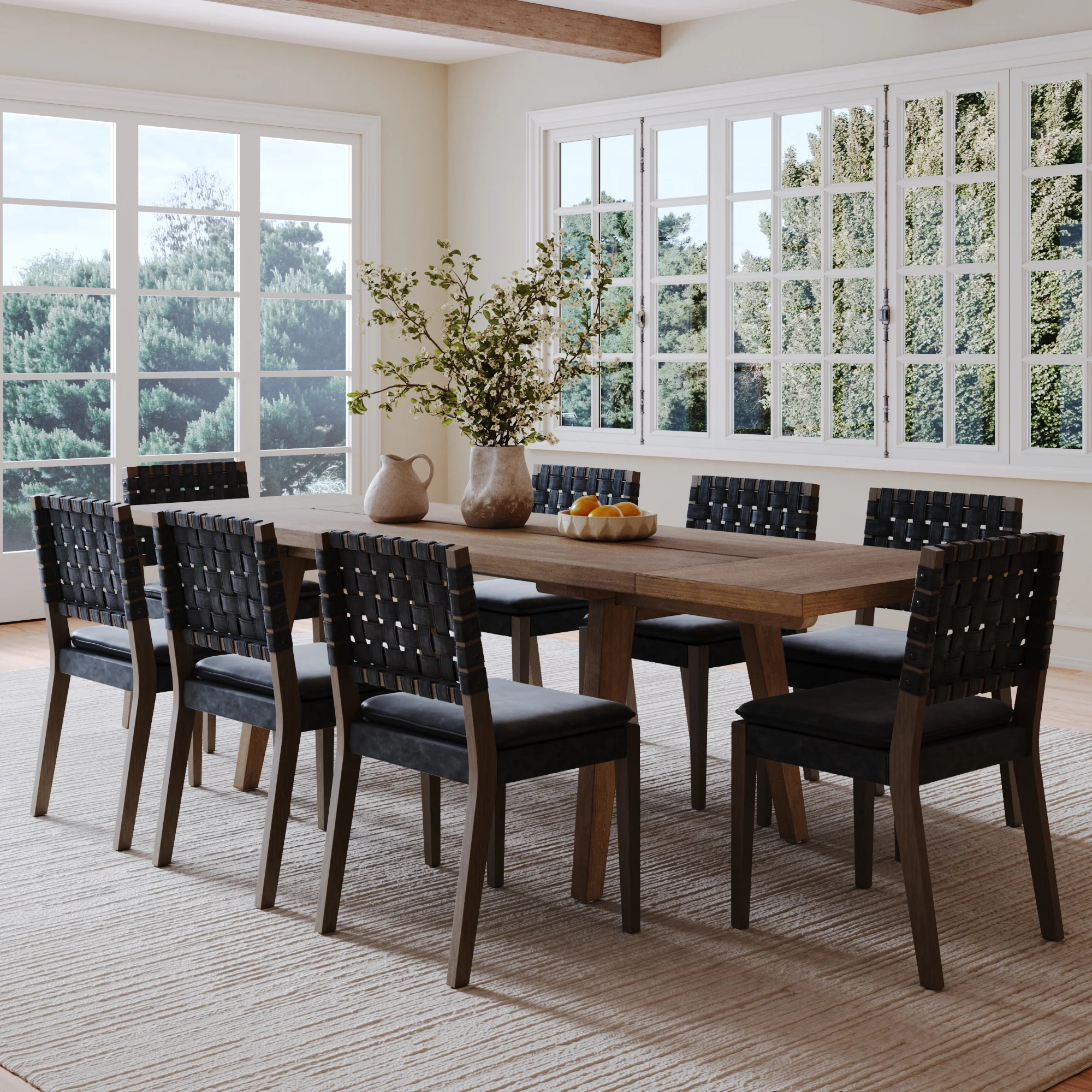 Extendable Woven Faux Leather Dining Set Black (8 Chairs)