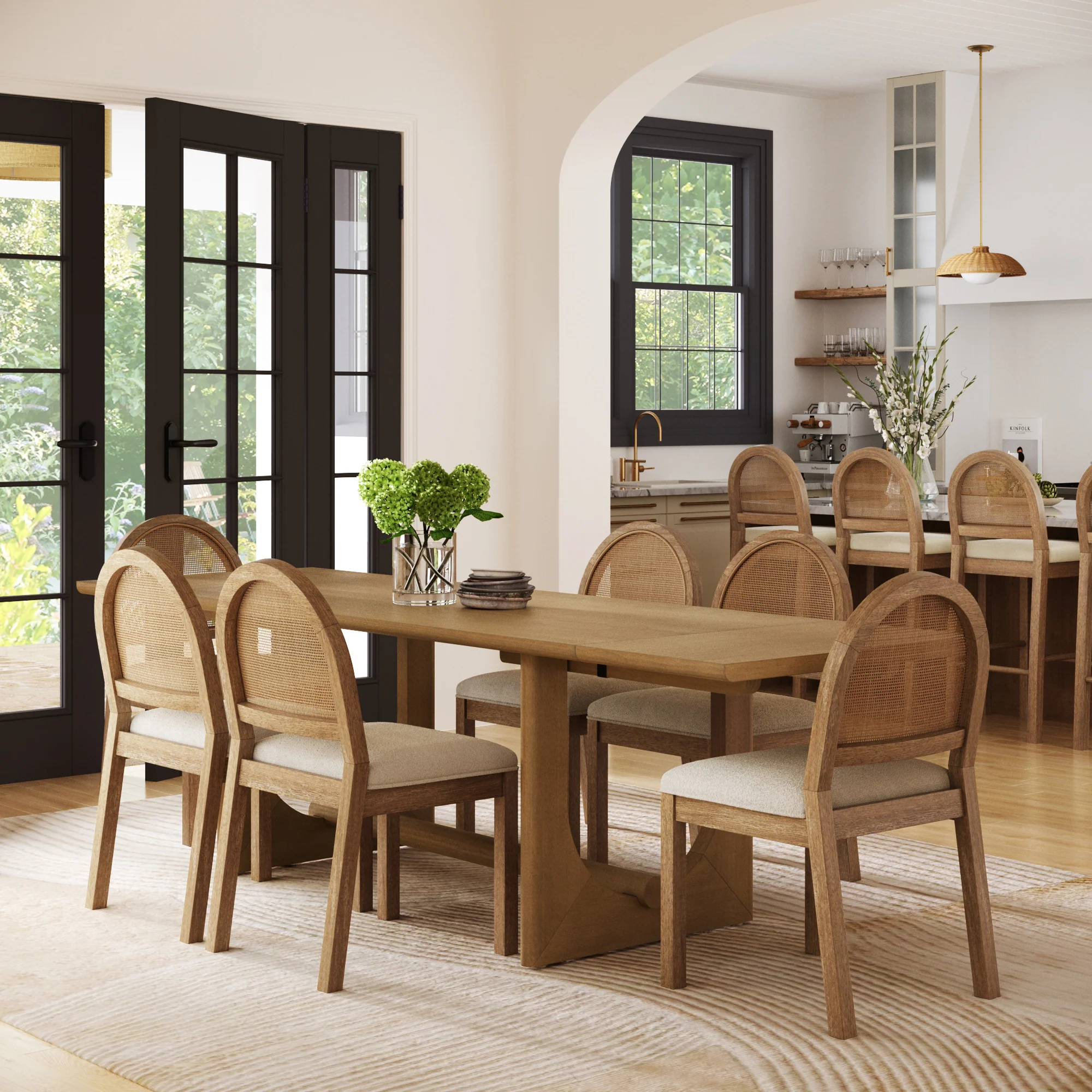Extendable Mid-Century Rattan Dining Table Set (6 Chairs) - Image 2
