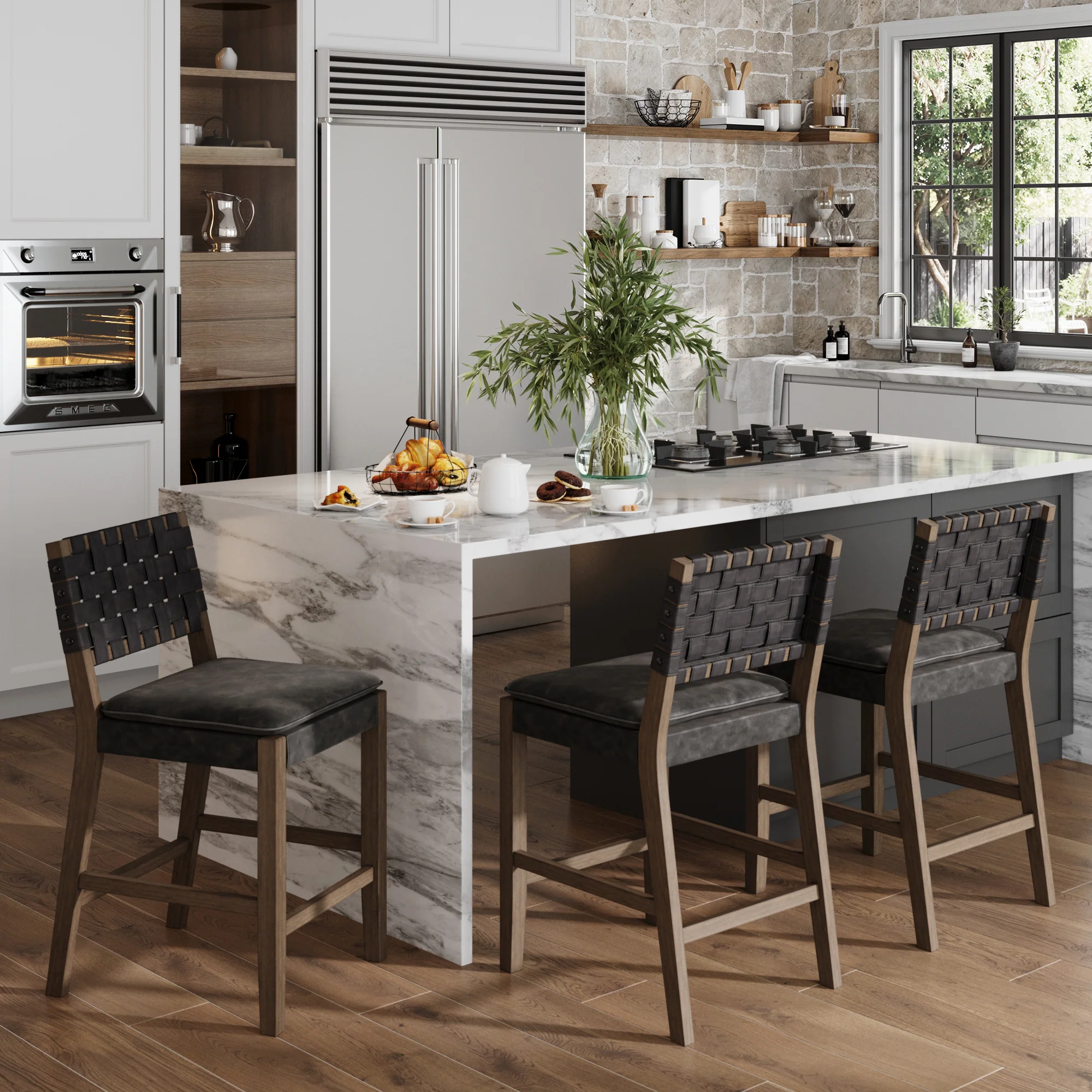 Faux Leather Woven Counter Height Bar Stools Black (Set of 3) - Image 2