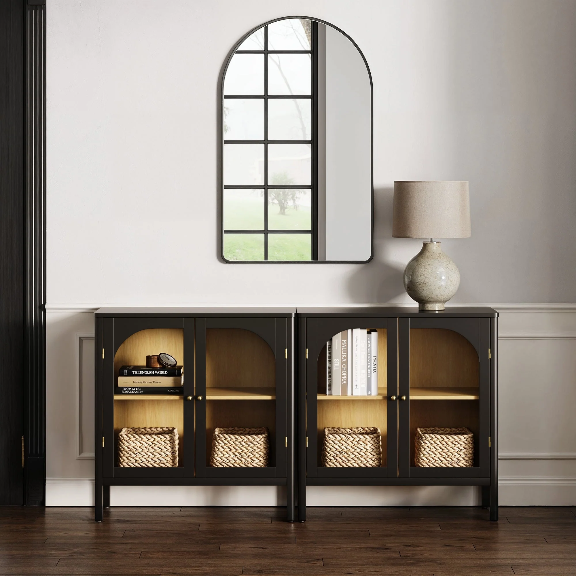 Curio Cabinet Credenza with Glass Door Black (Set of 2)