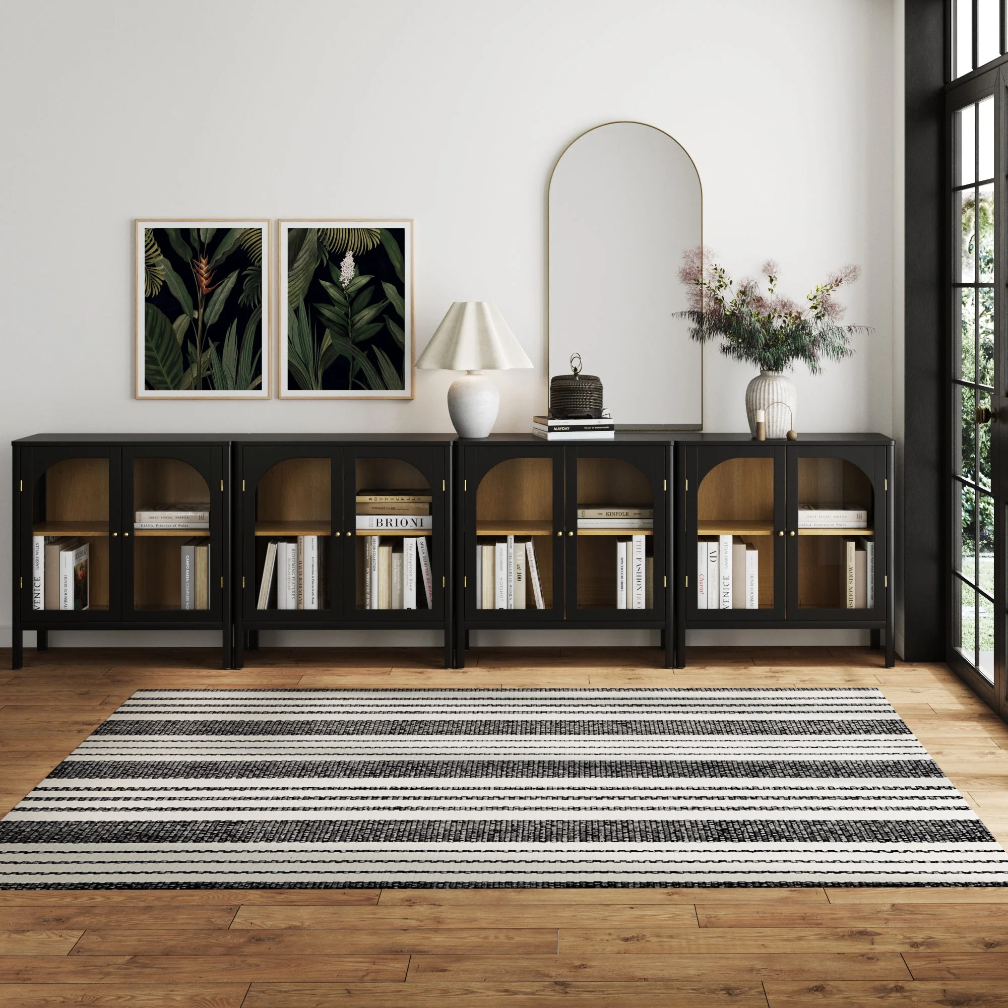 Large Glass Door Curio Cabinet Credenza Black (Set of 4)