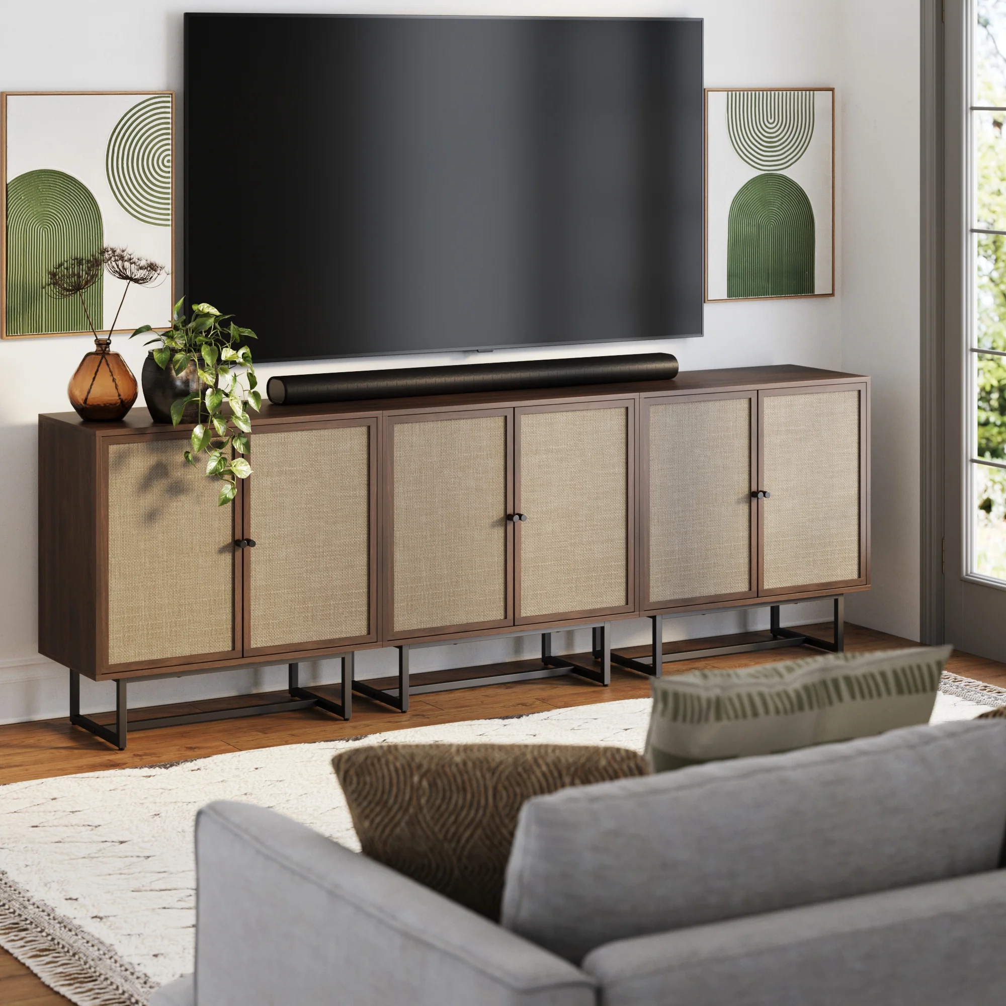Rattan Storage Cabinet Credenza Walnut (Set of 3) - Image 2