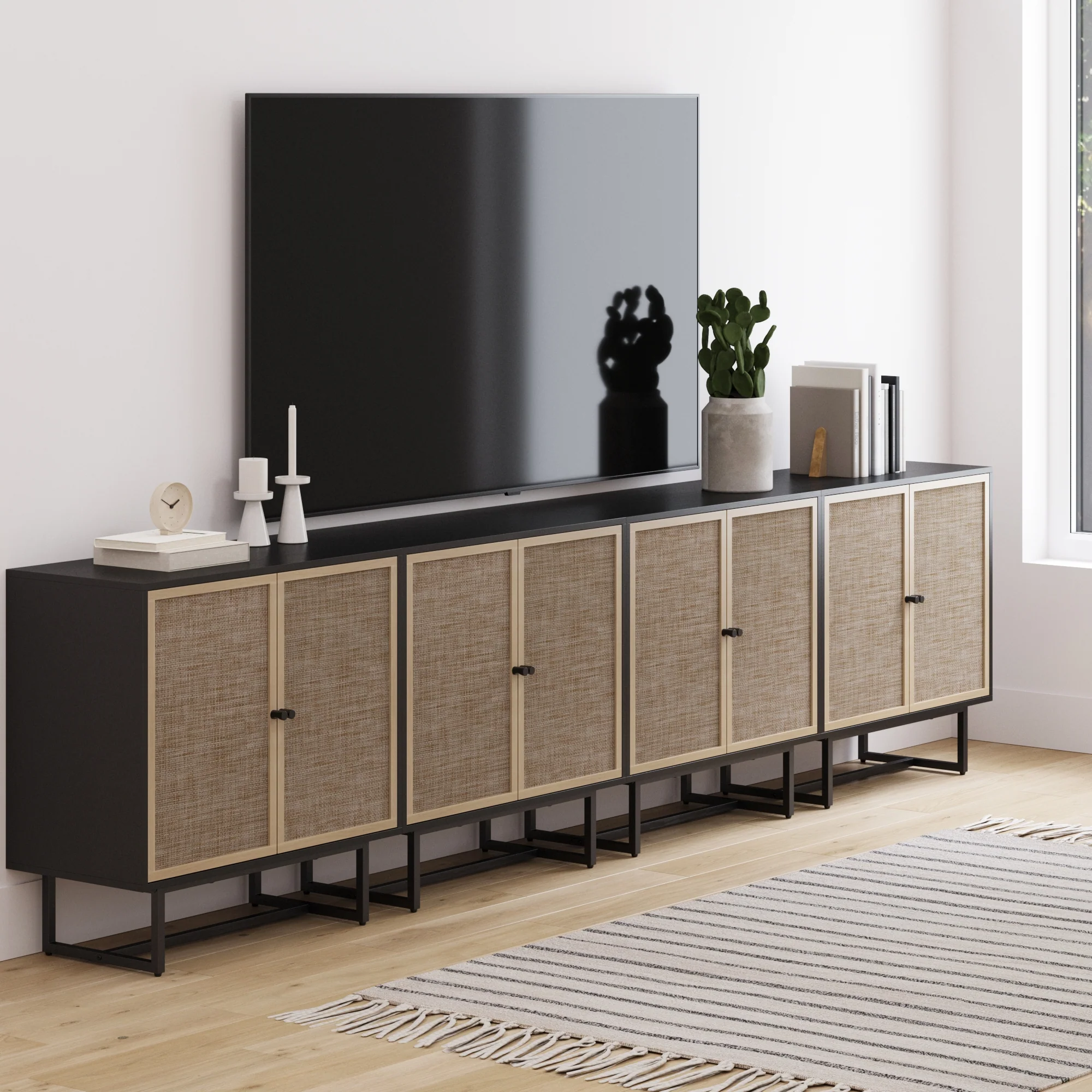 Metal and Rattan TV Stand Console for TVs 85" Black Oak