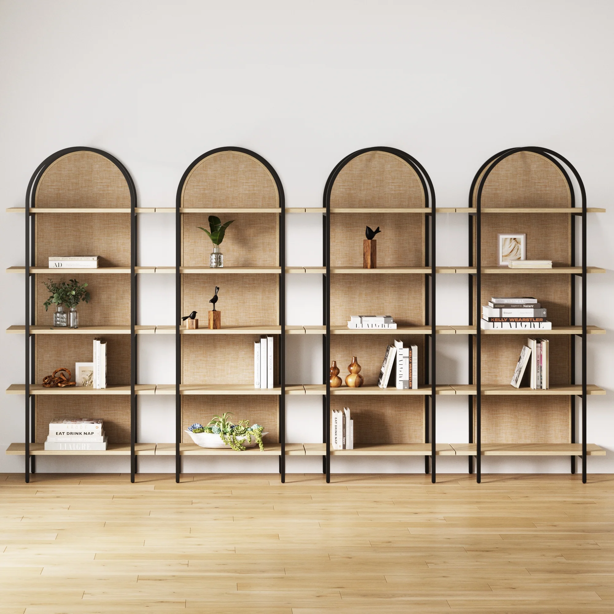 Boho Rattan & Wood Arched Bookshelves (Set of 4)