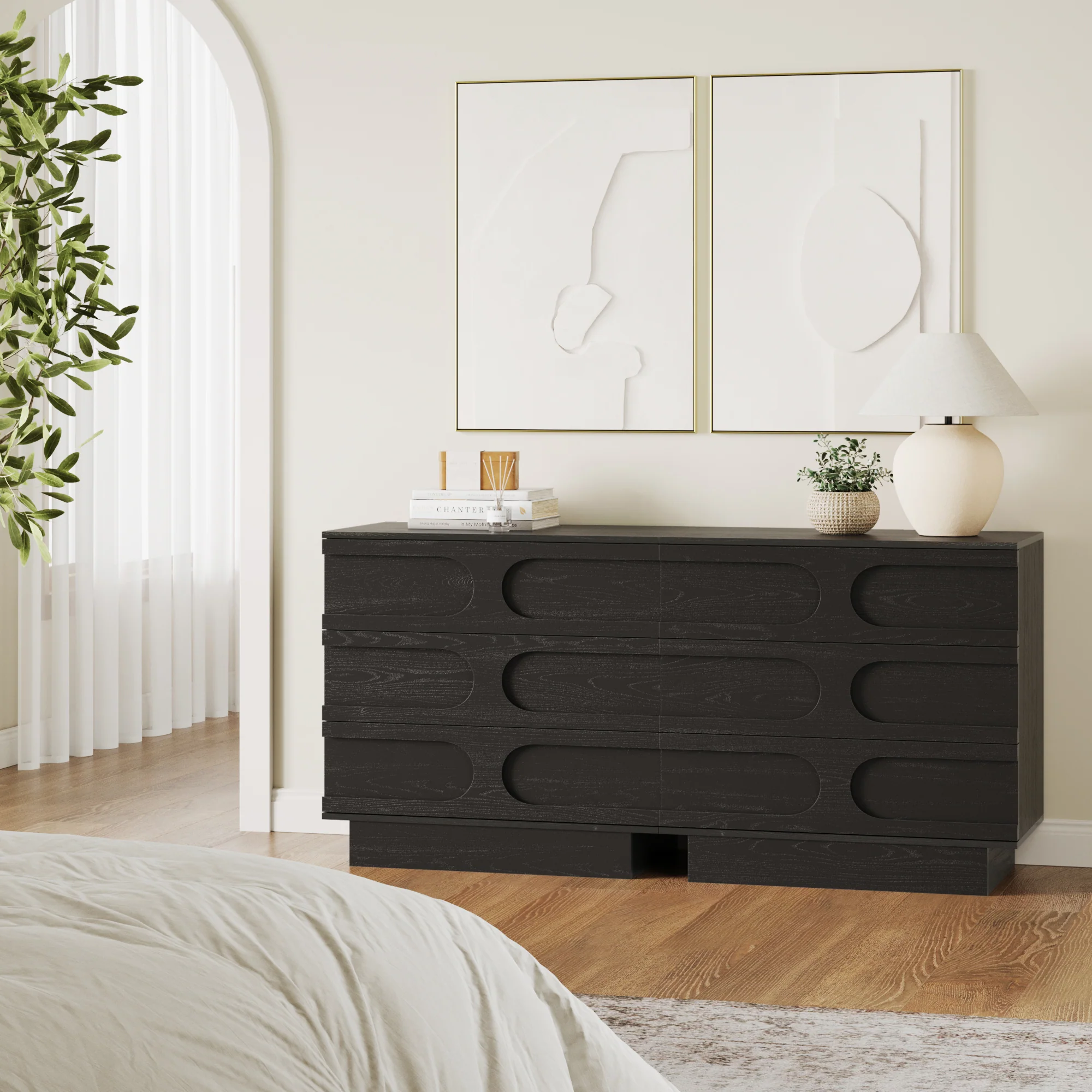 Mid-Century 3-Drawer Arched Dresser Black Oak (Set of 2) - Image 2