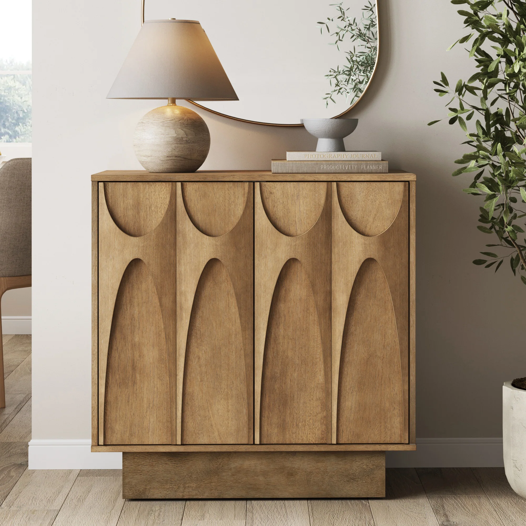 Mid Century Credenza with Antique Carved Doors Light Brown