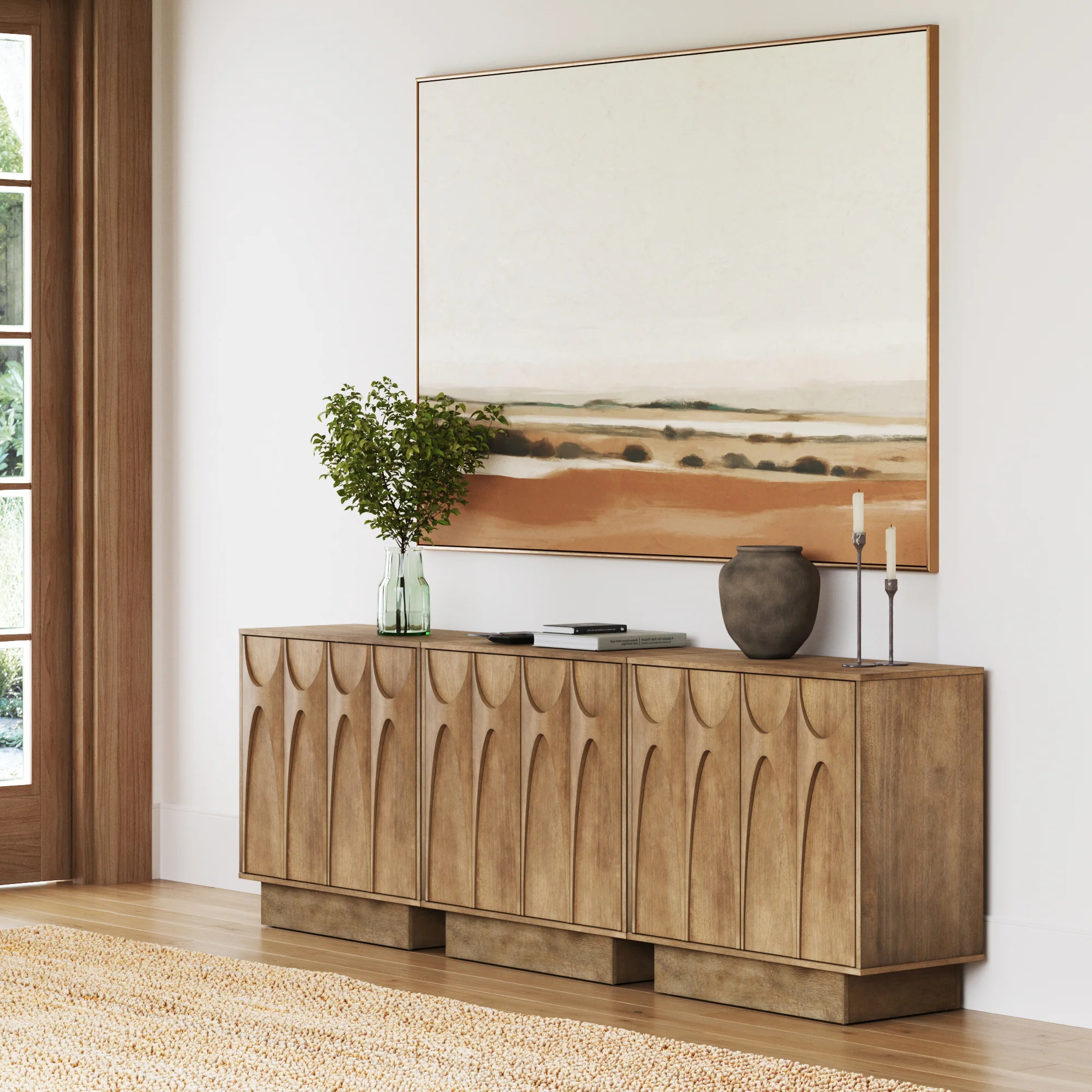 Mid Century Credenza with Antique Carved Doors Light Brown (Set of 3)