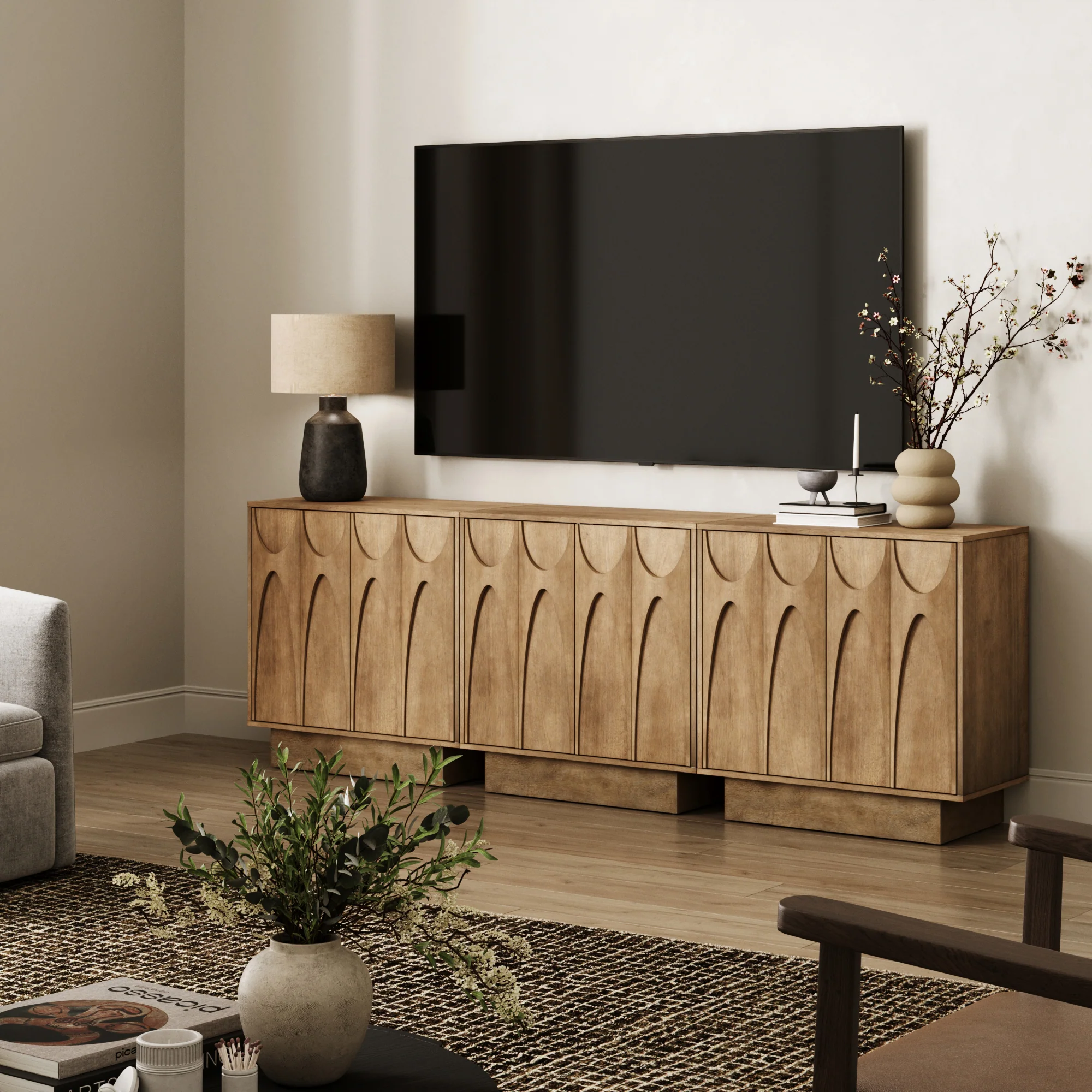 Mid Century Credenza with Antique Carved Doors Light Brown (Set of 3) - Image 2