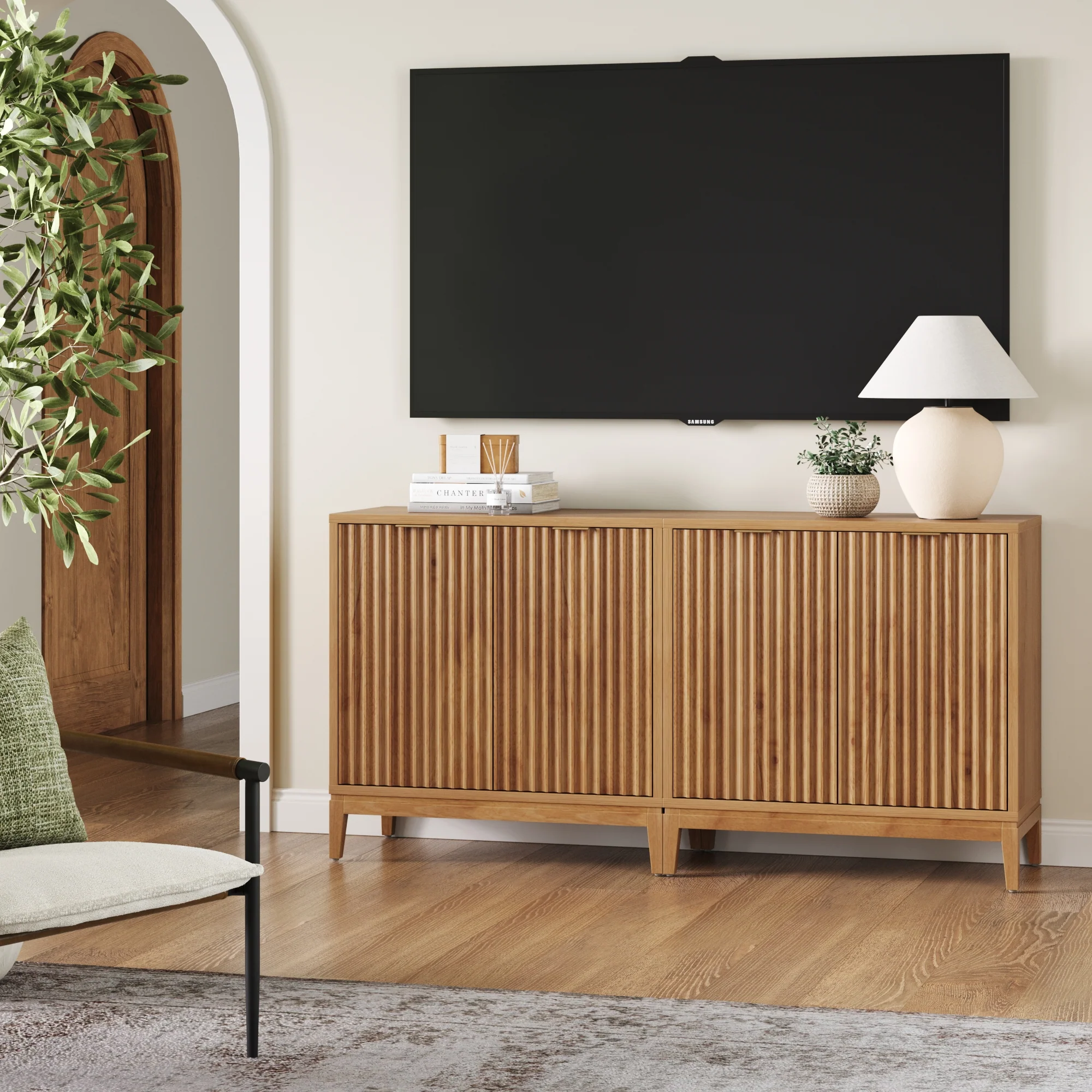 Mid-Century Fluted Storage Cabinet Credenza Warm Pine (Set of 2) - Image 3