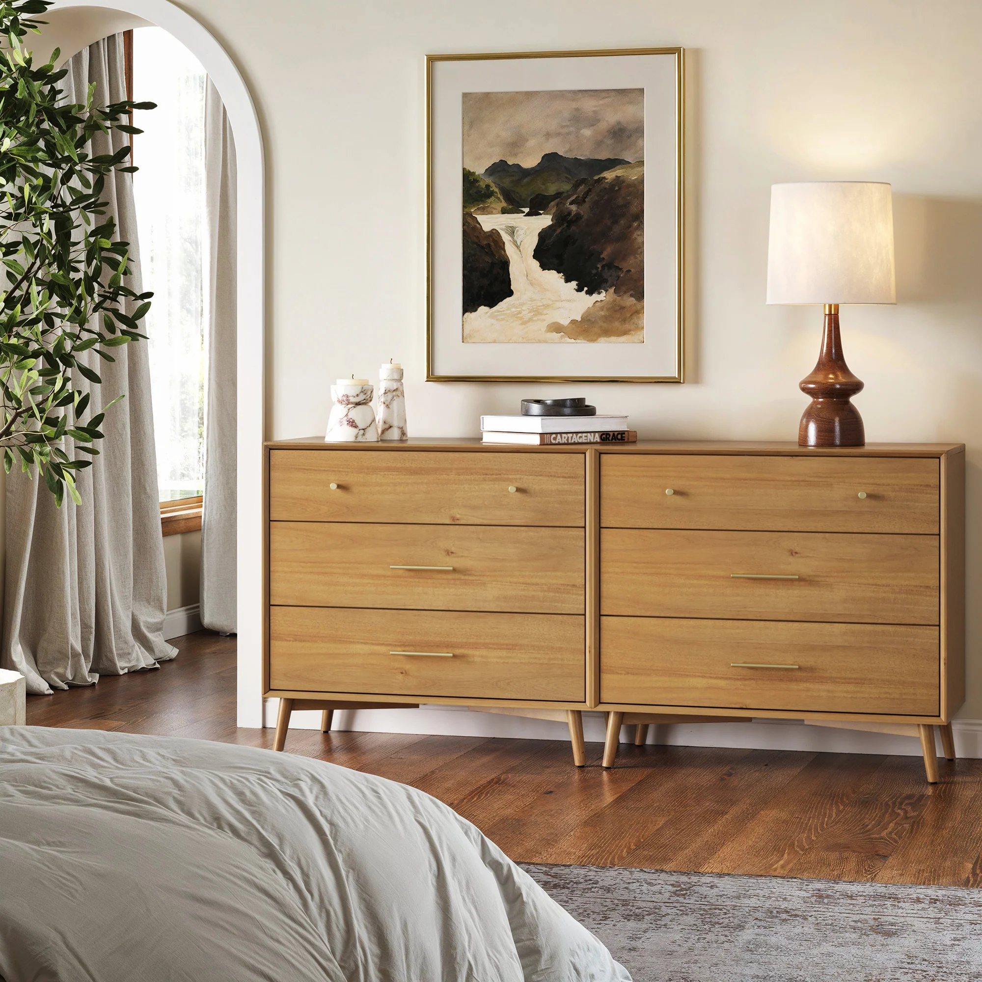 Mid-Century Modern Acacia 3 Drawer Dresser Set of 2 - Image 2