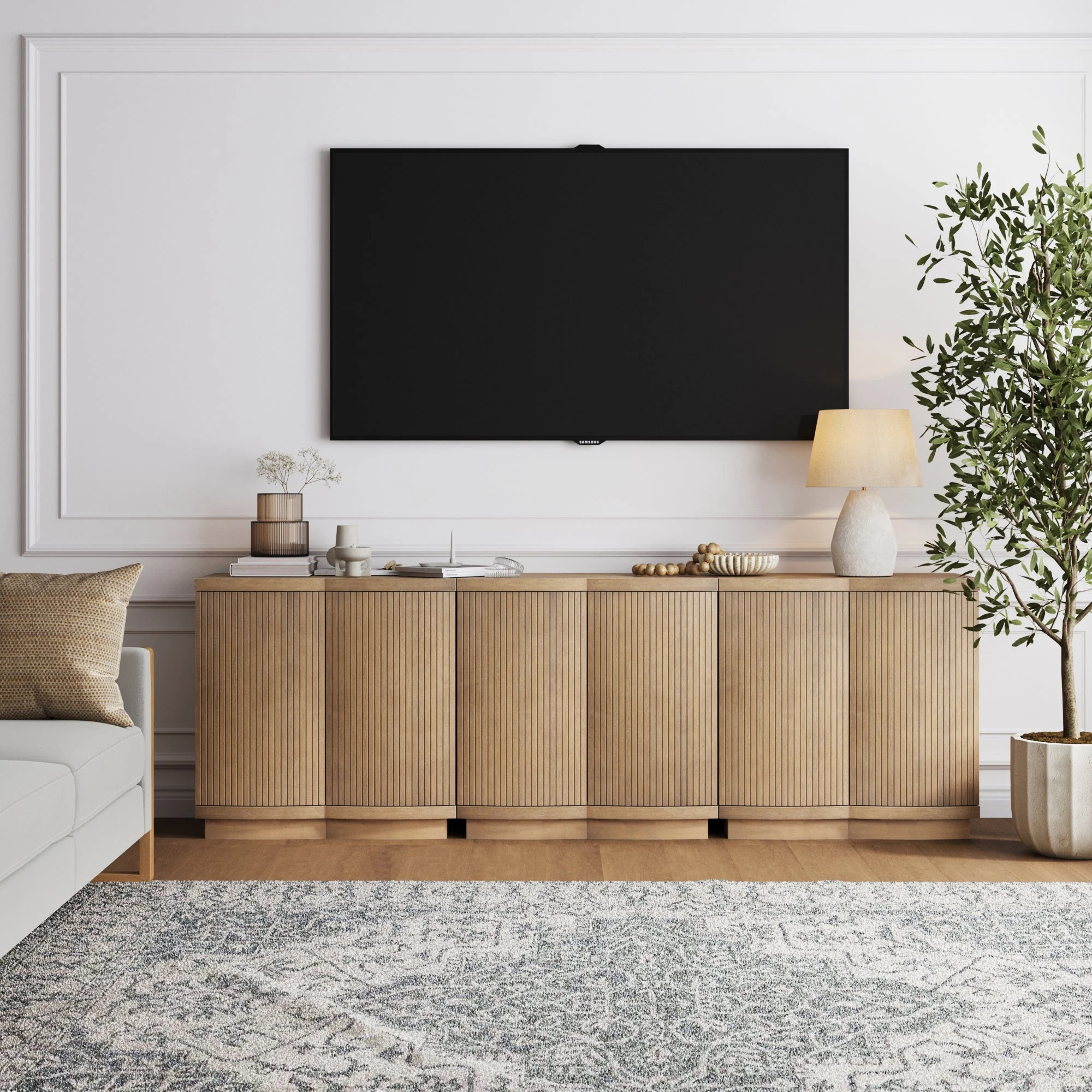 Mid-Century Modern Wood Fluted Cabinet Credenza Light Brown (Set of 3) - Image 2