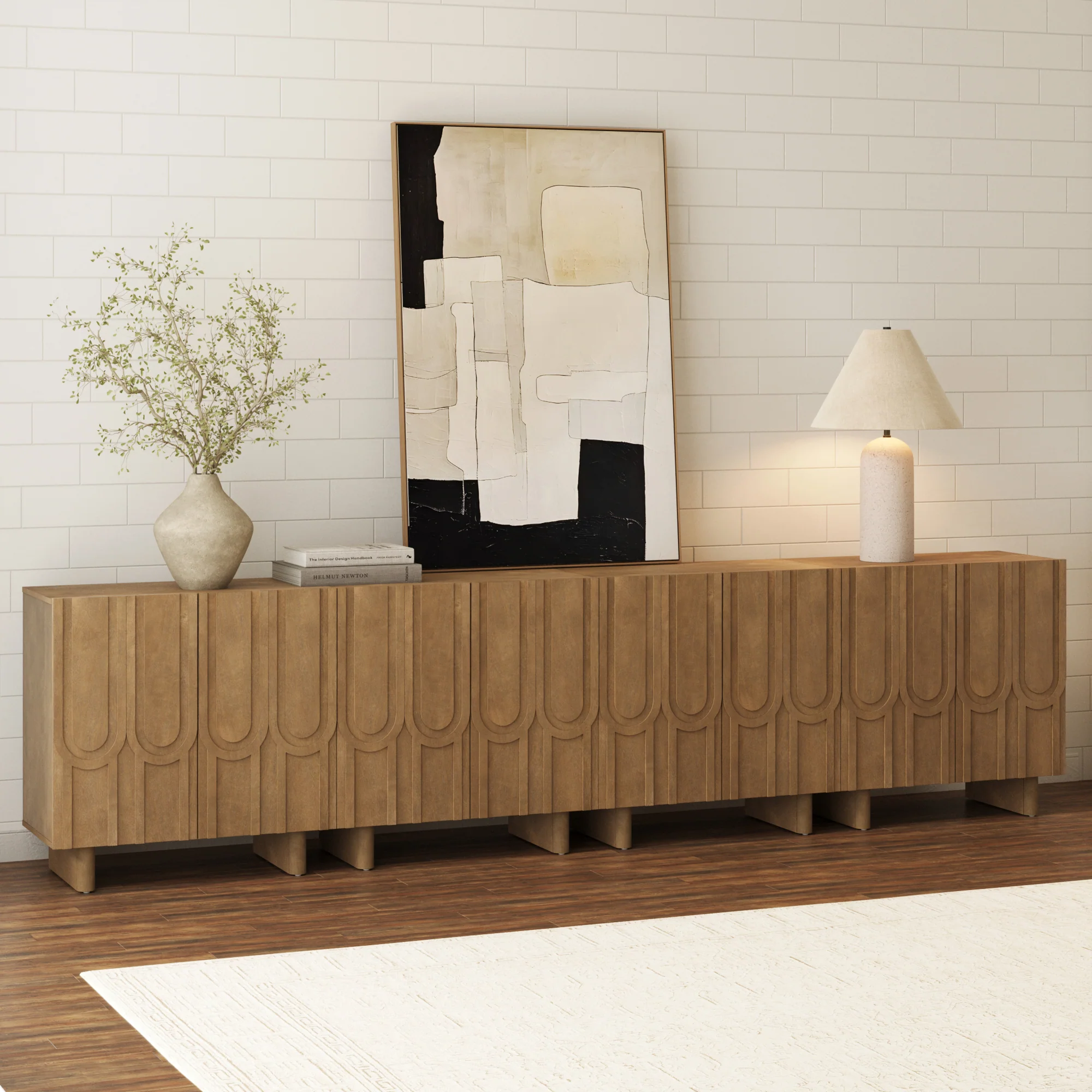 Mid Century TV Console Table with Storage for 85" TVs Light Brown
