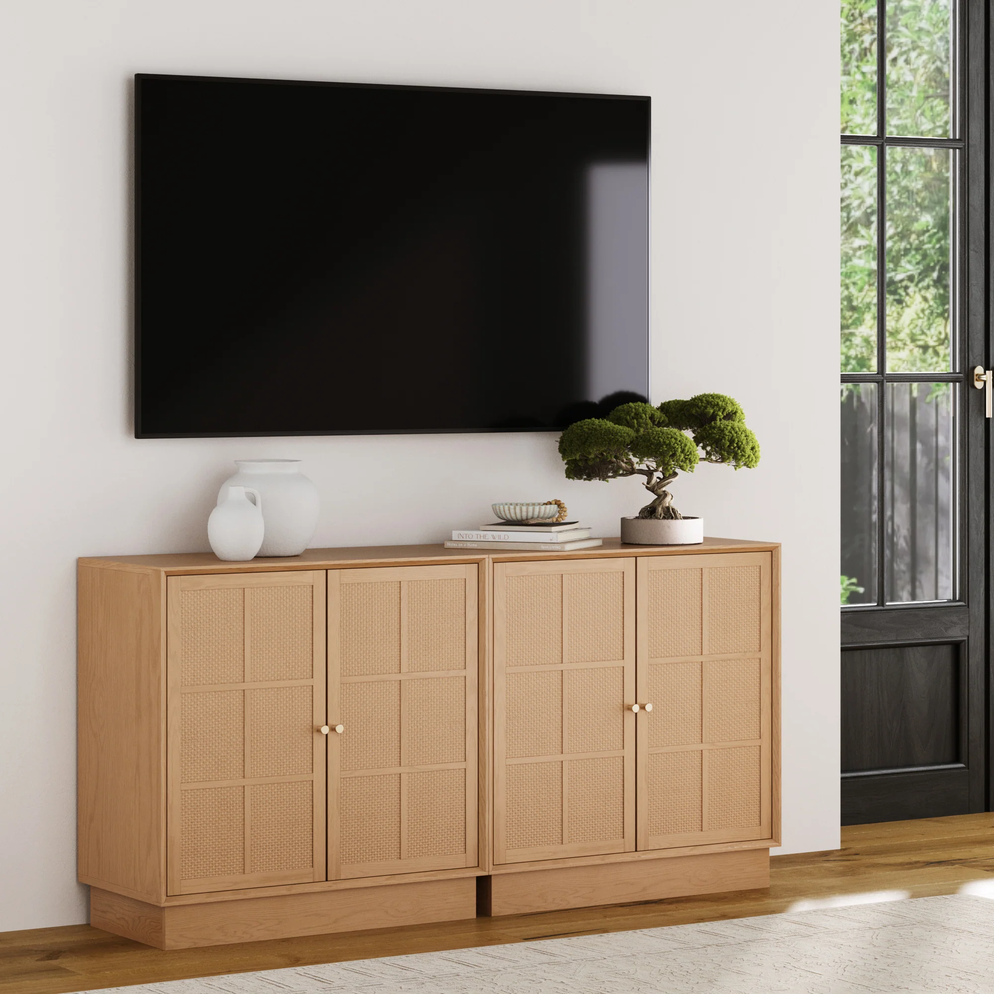 Modern Coastal Raw Oak TV Cabinet Stand for TVs 55-65" with Rattan Doors