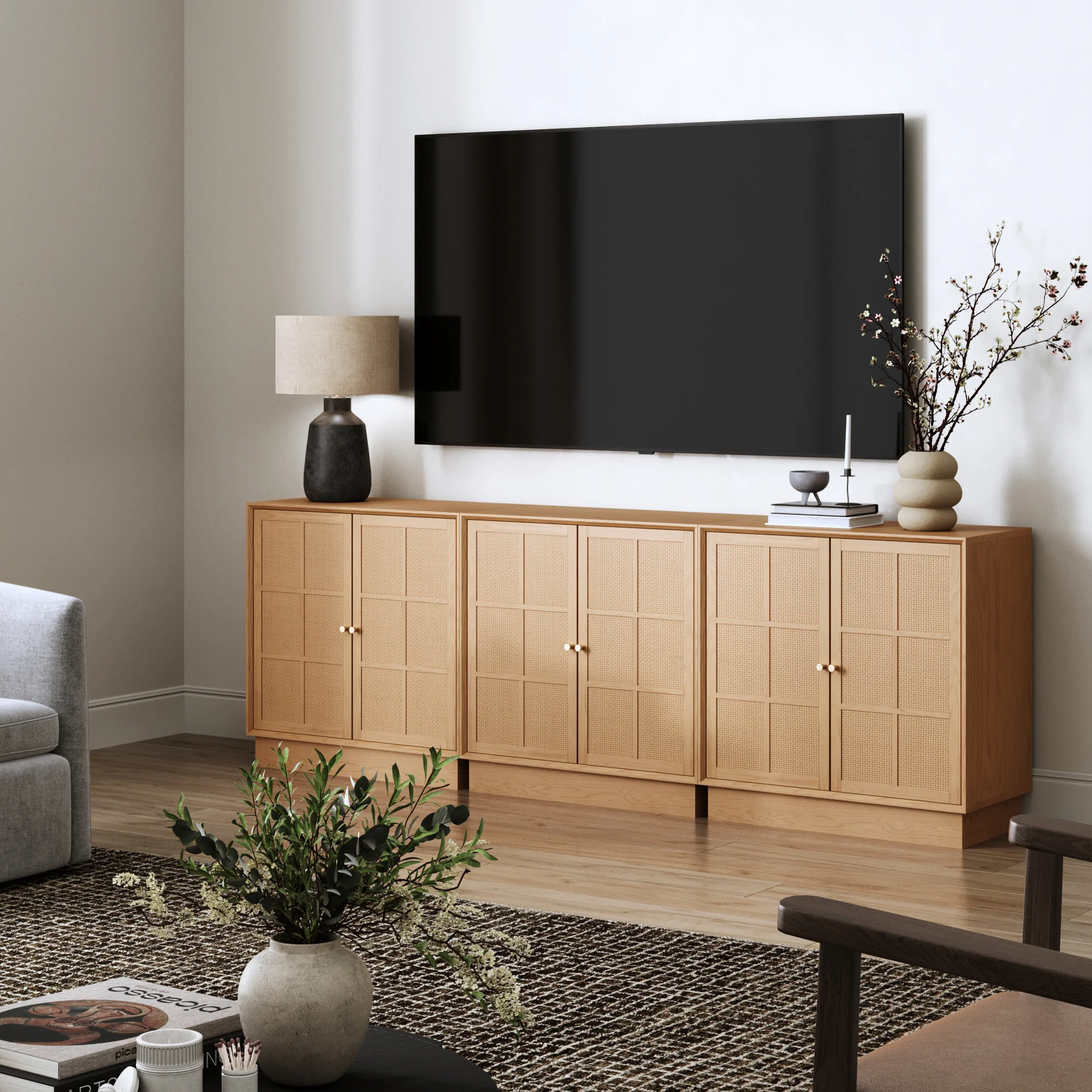Modern Coastal Raw Oak TV Cabinet Stand for TVs 75-85" with Rattan Doors