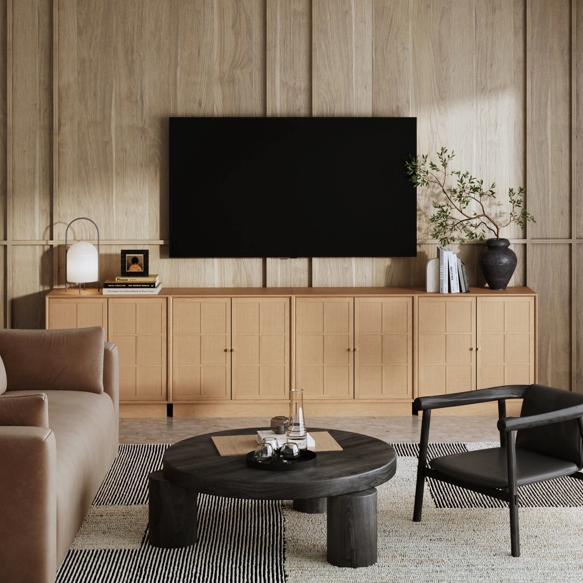Modern Coastal Raw Oak TV Cabinet Stand for TVs 85" with Rattan Doors