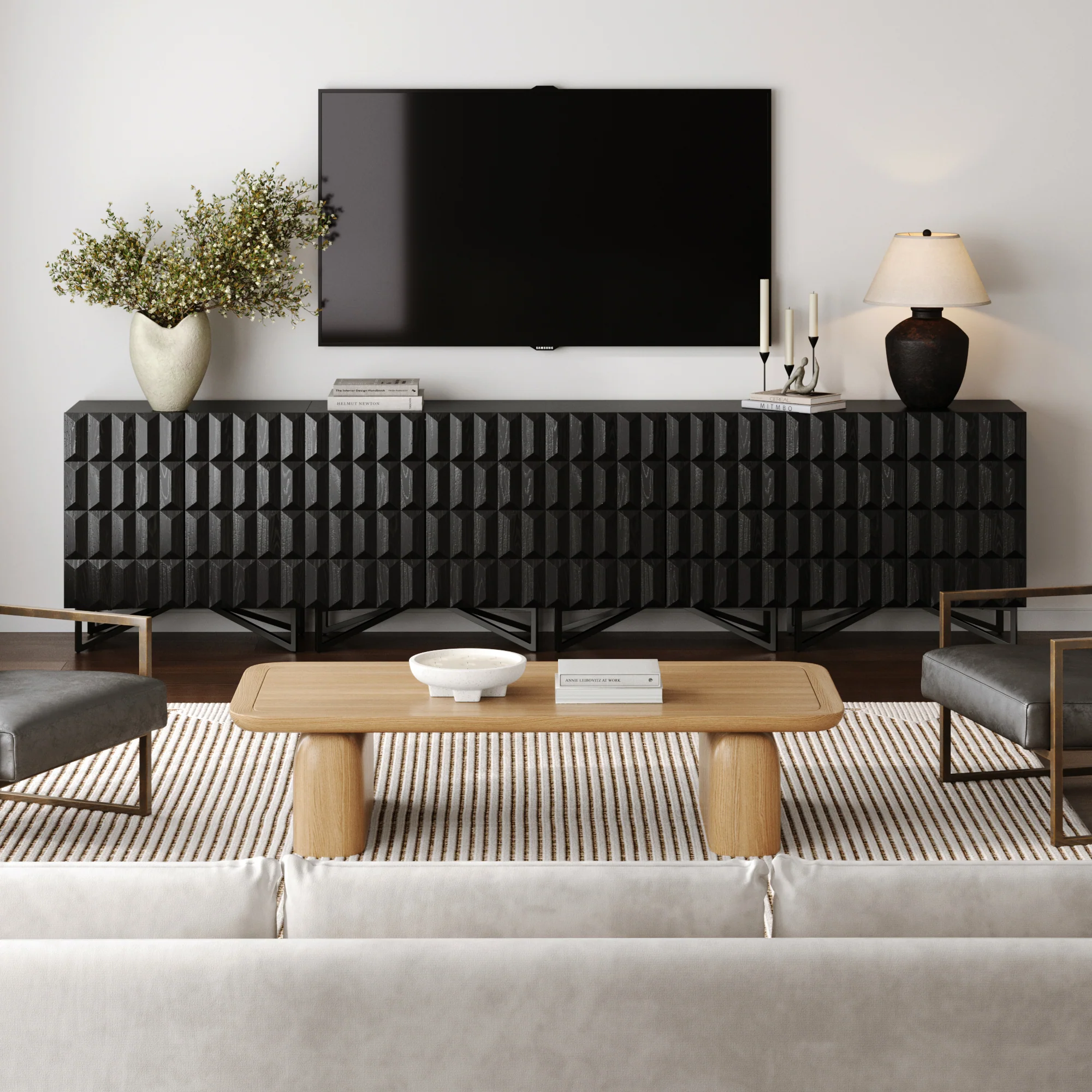 Modern TV Console with Textured Front for 85" TVs Black Oak