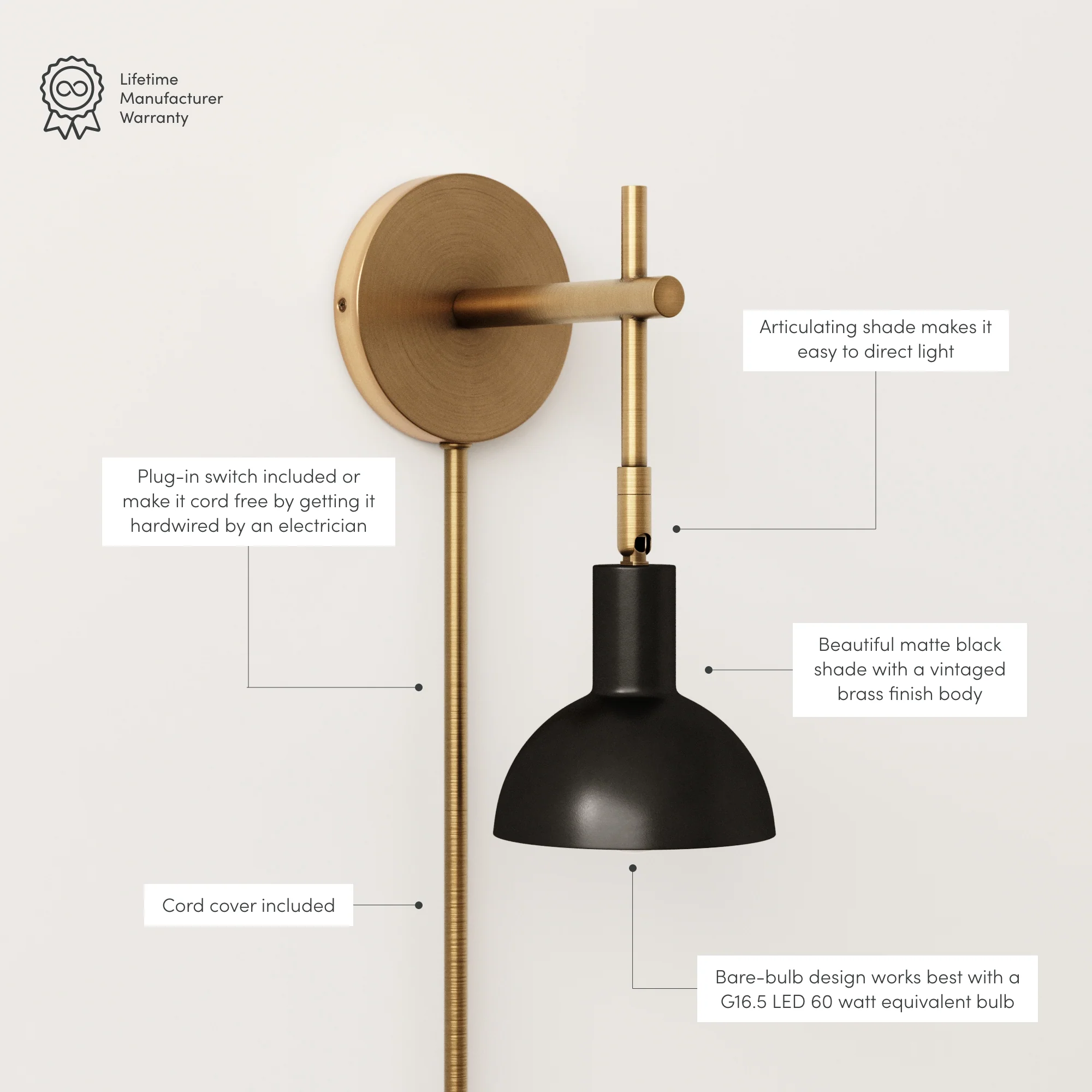 Plug-In Adjustable Metal Wall Light Black Brass - Image 3