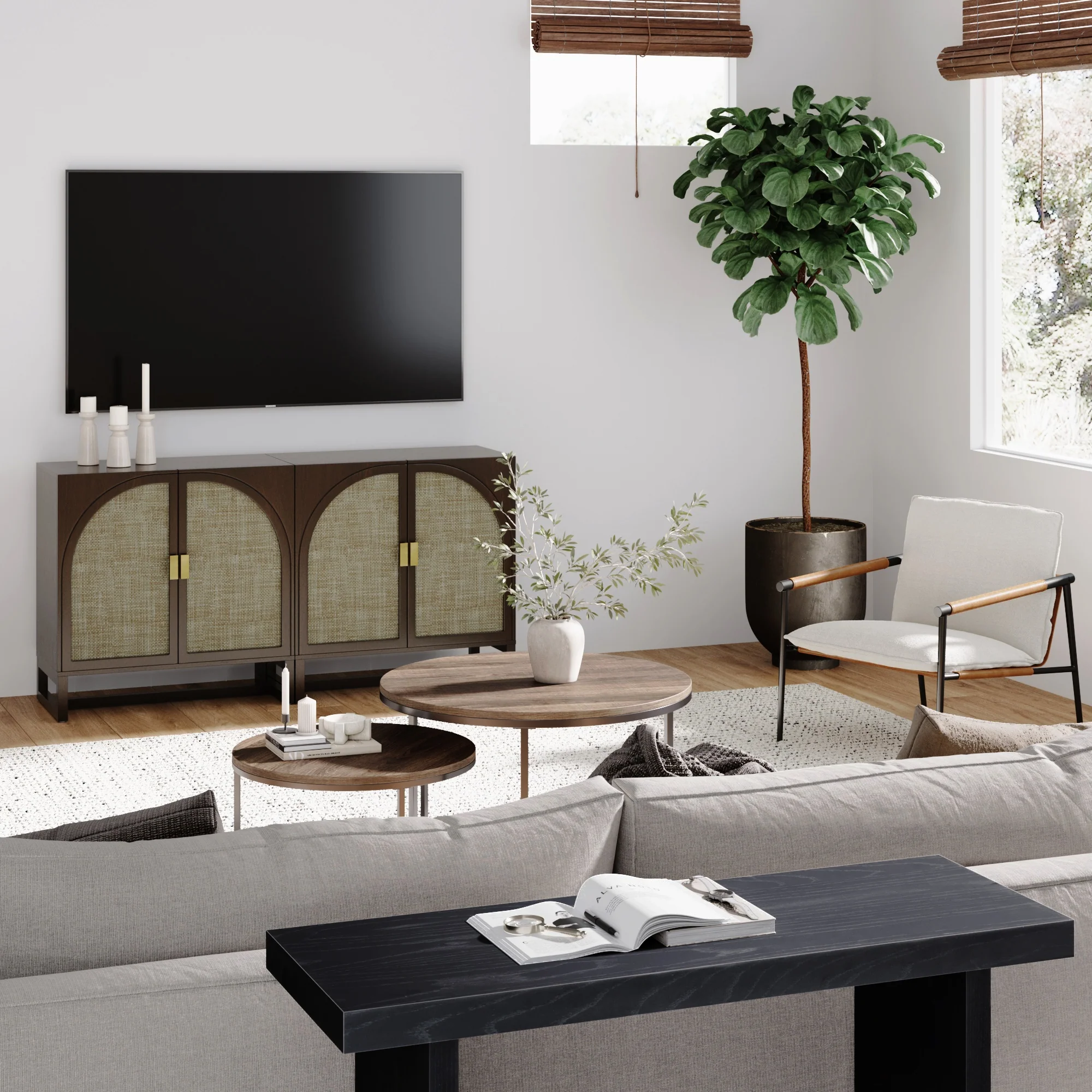 Rattan Arched TV Console Stand for 55-65" TVs Brown - Image 2
