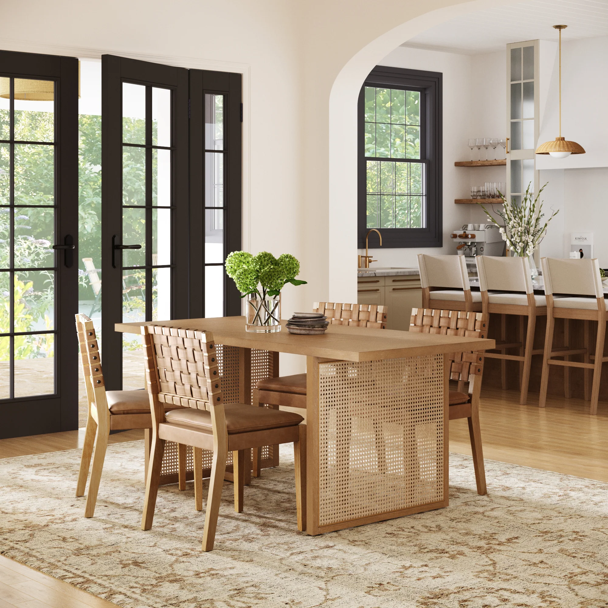 Rattan Boho Dining Table Set of 4 w/ Faux Leather Chairs - Image 2