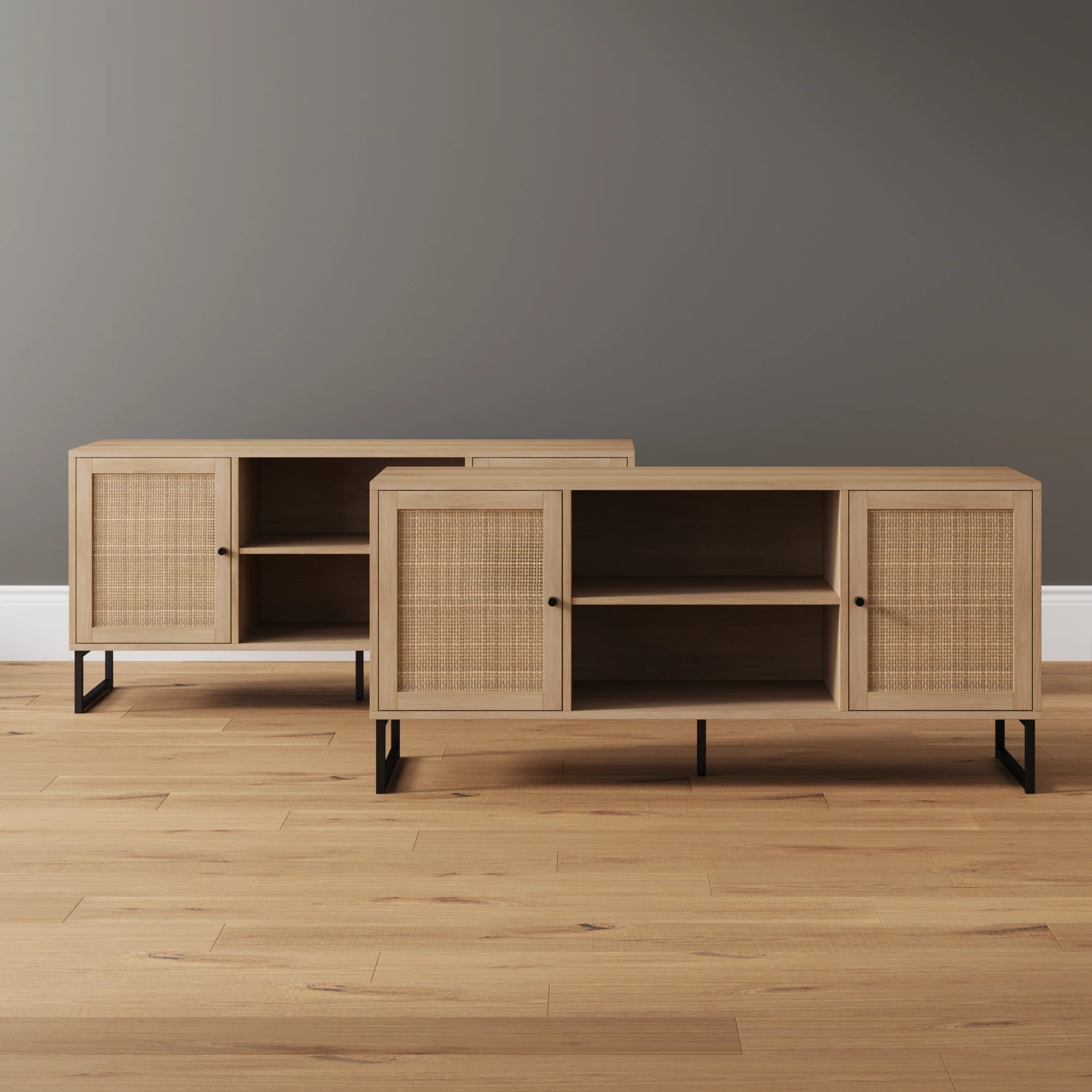 Rattan TV Console Credenza Light Oak (Set of 2) - Image 3