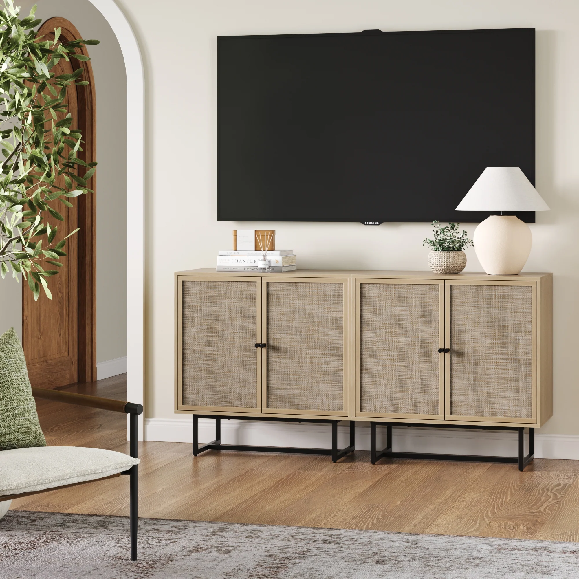 Rattan Storage Cabinet Credenza Oak (Set of 2) - Image 3