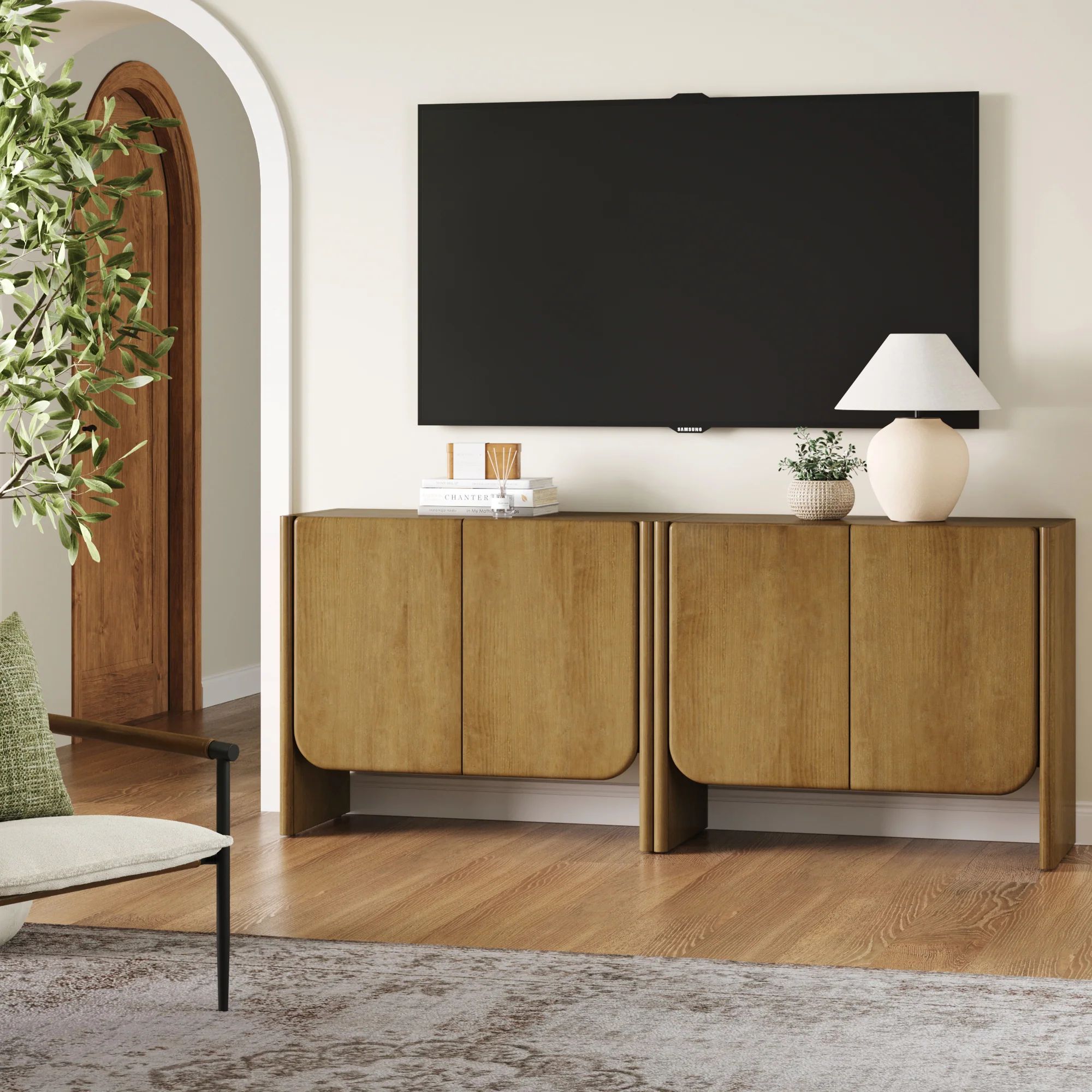 Arched Wood Accent Cabinet or Kitchen Credenza Light Brown (Set of 2) - Image 2