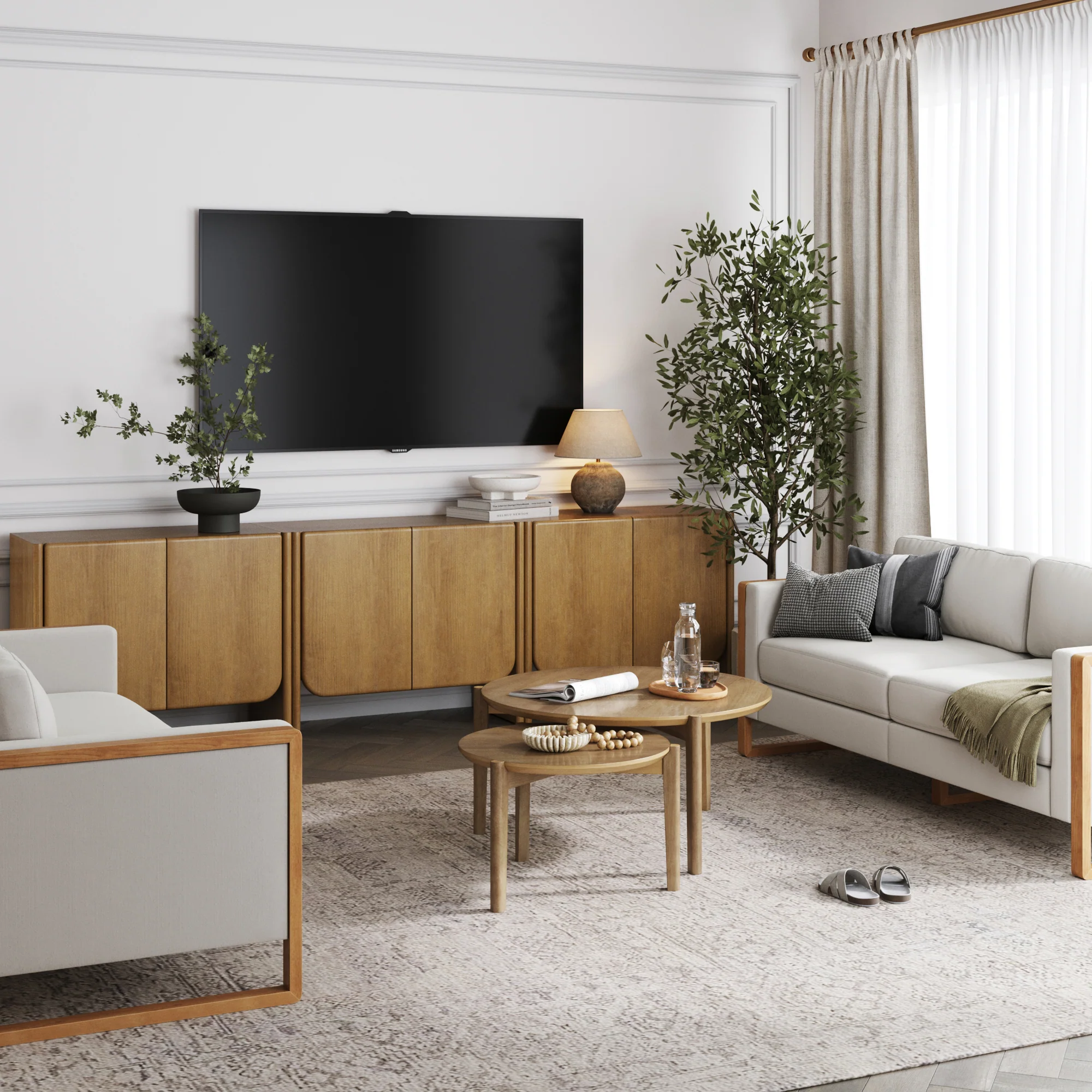 Rounded Wood TV Console Cabinet Light Brown for TVs 75-85" - Image 2
