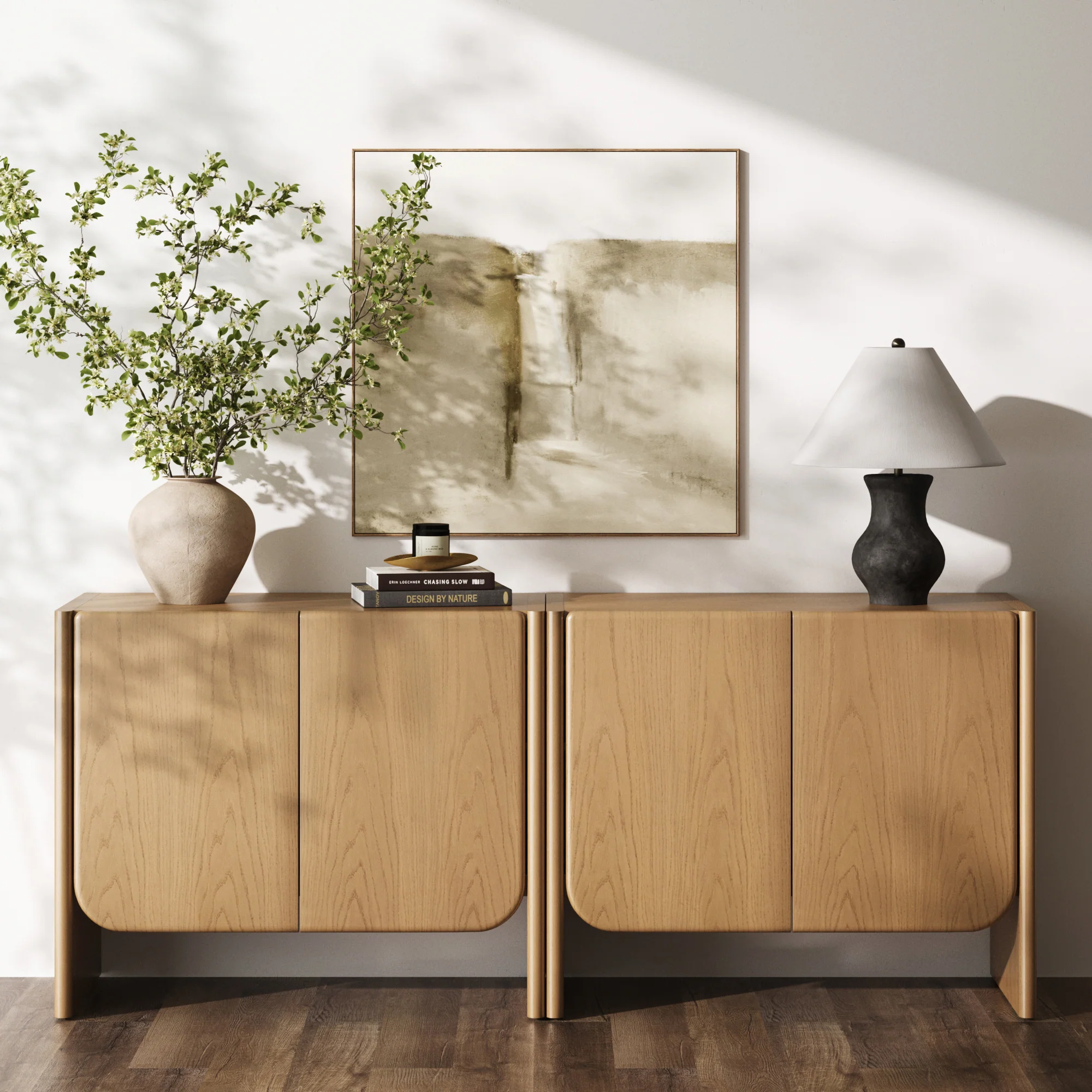 Rounded Wood TV Console Cabinet Raw Oak for TVs 55-65" - Image 2