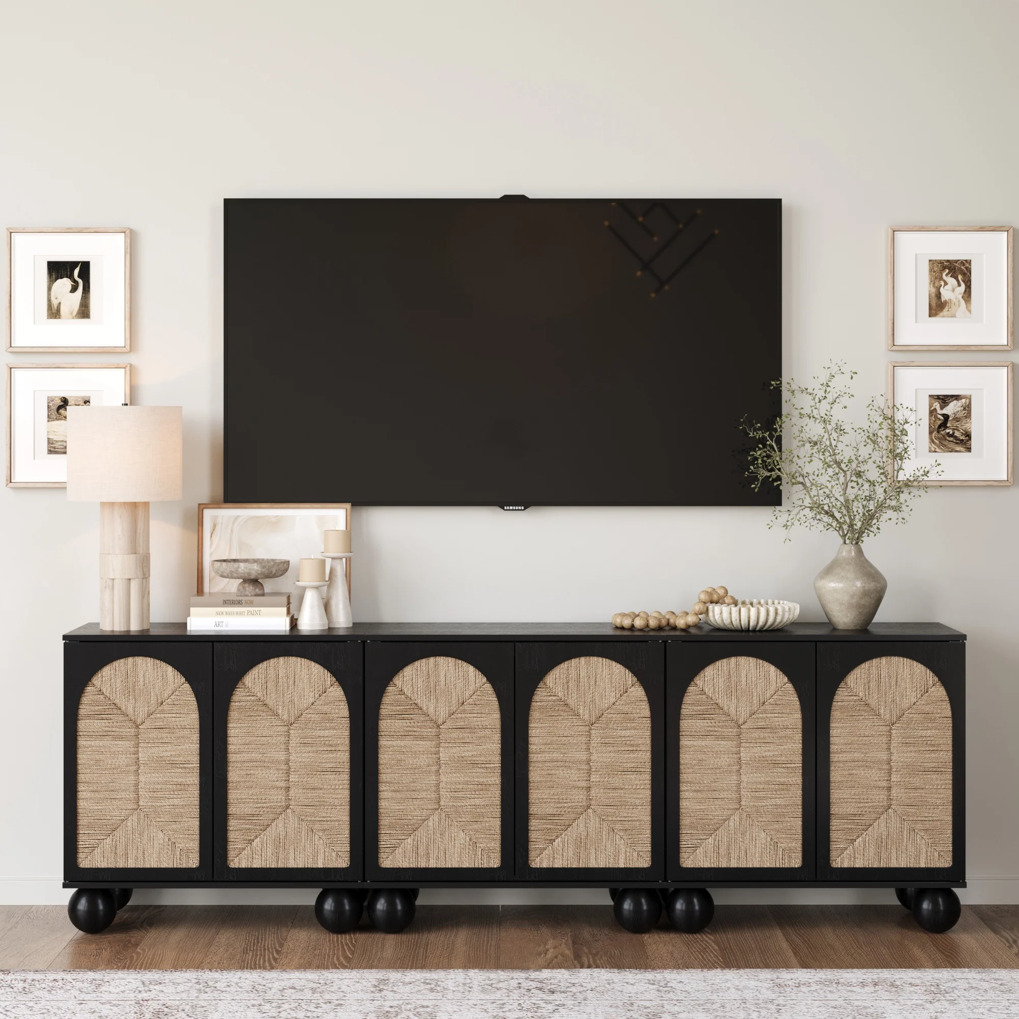 Seagrass Arched Storage Cabinet Credenza Black (Set of 3) - Image 2
