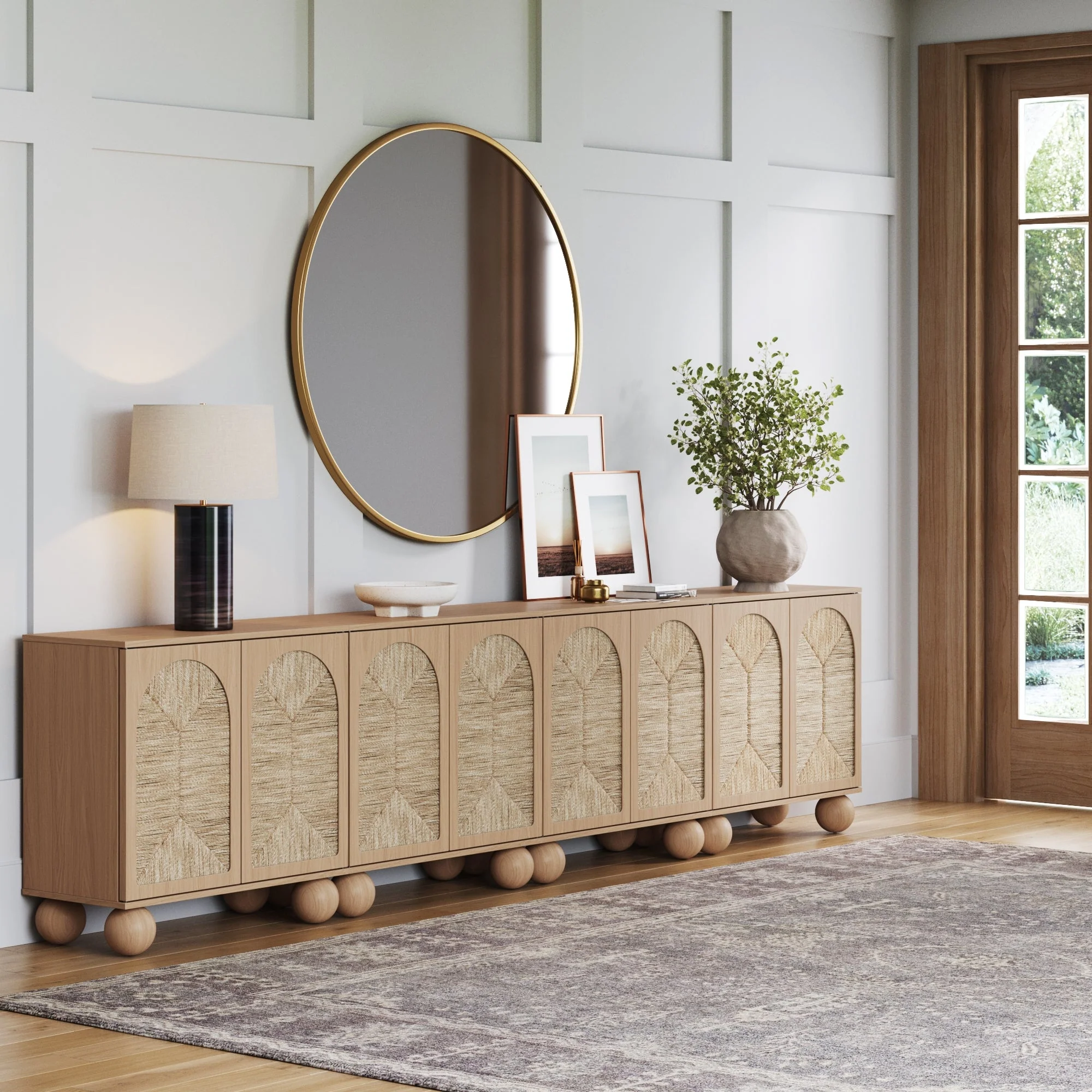 Large Seagrass Arched Storage Cabinet Credenza Raw Oak (Set of 4)