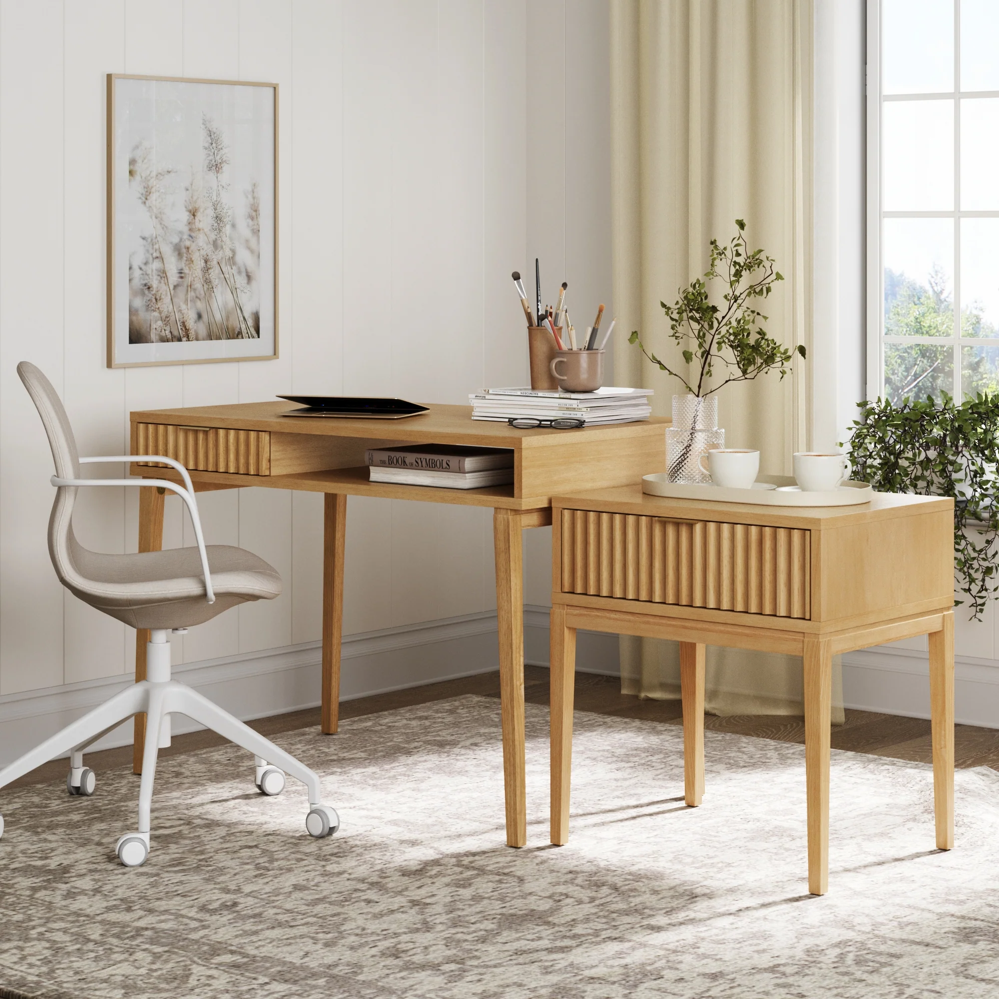 Solid Wood Fluted Desk & Nightstand Bedroom Vanity Set - Image 2
