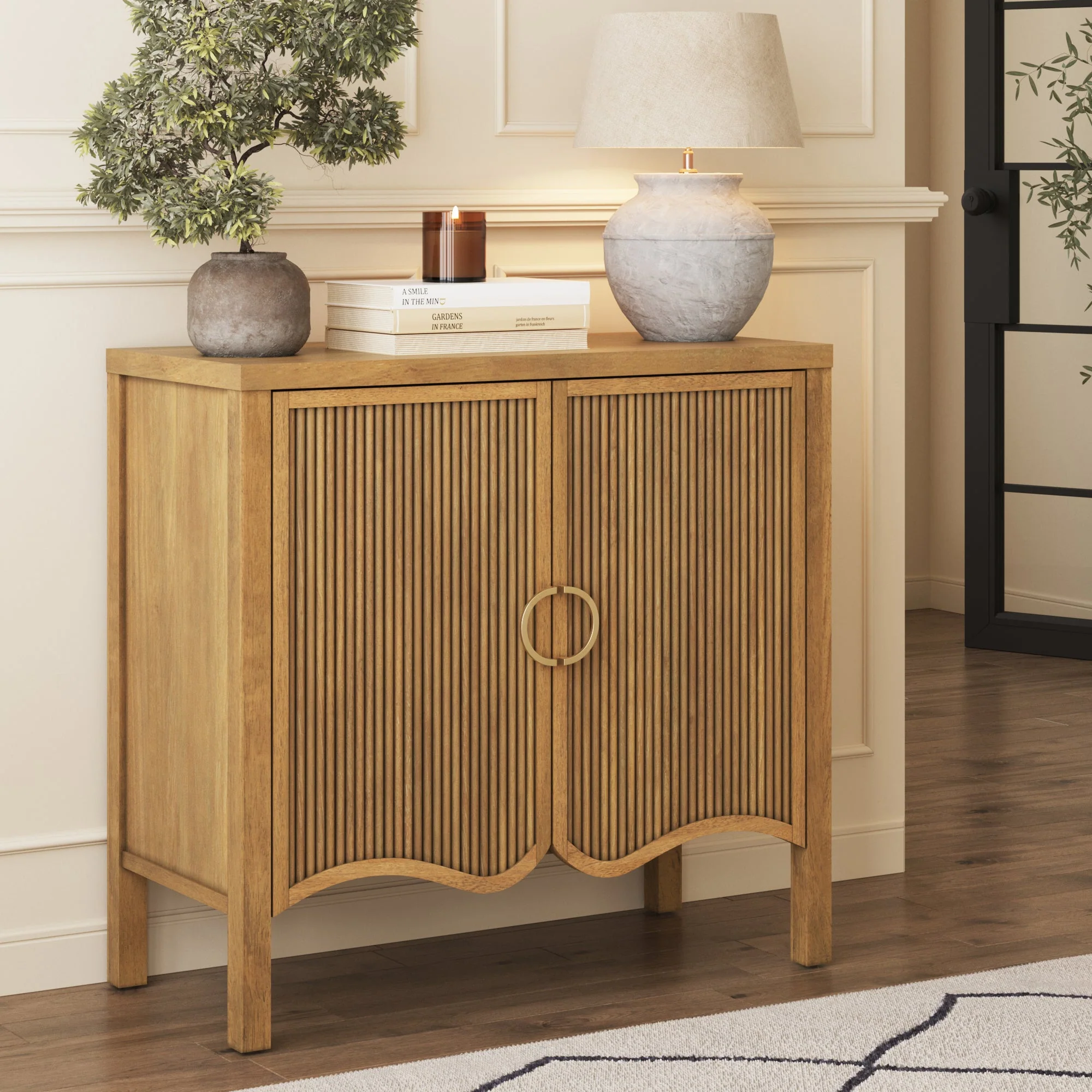 Wood Transitional Fluted Cabinet w/ Brass Handle Light Brown