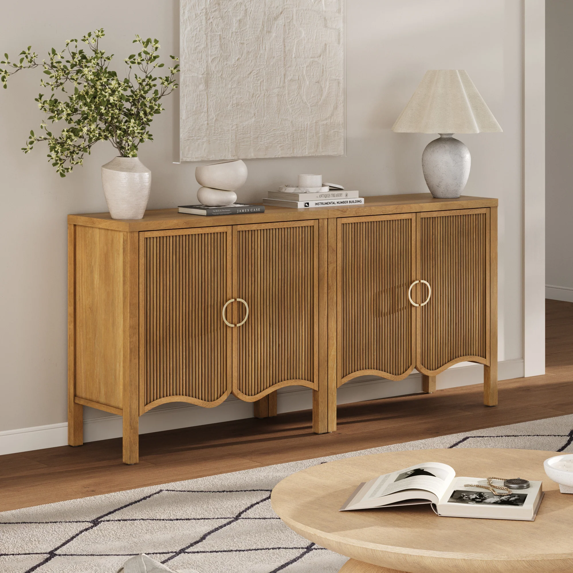 Wood Transitional Fluted Cabinet w/ Brass Handle Light Brown - Image 2